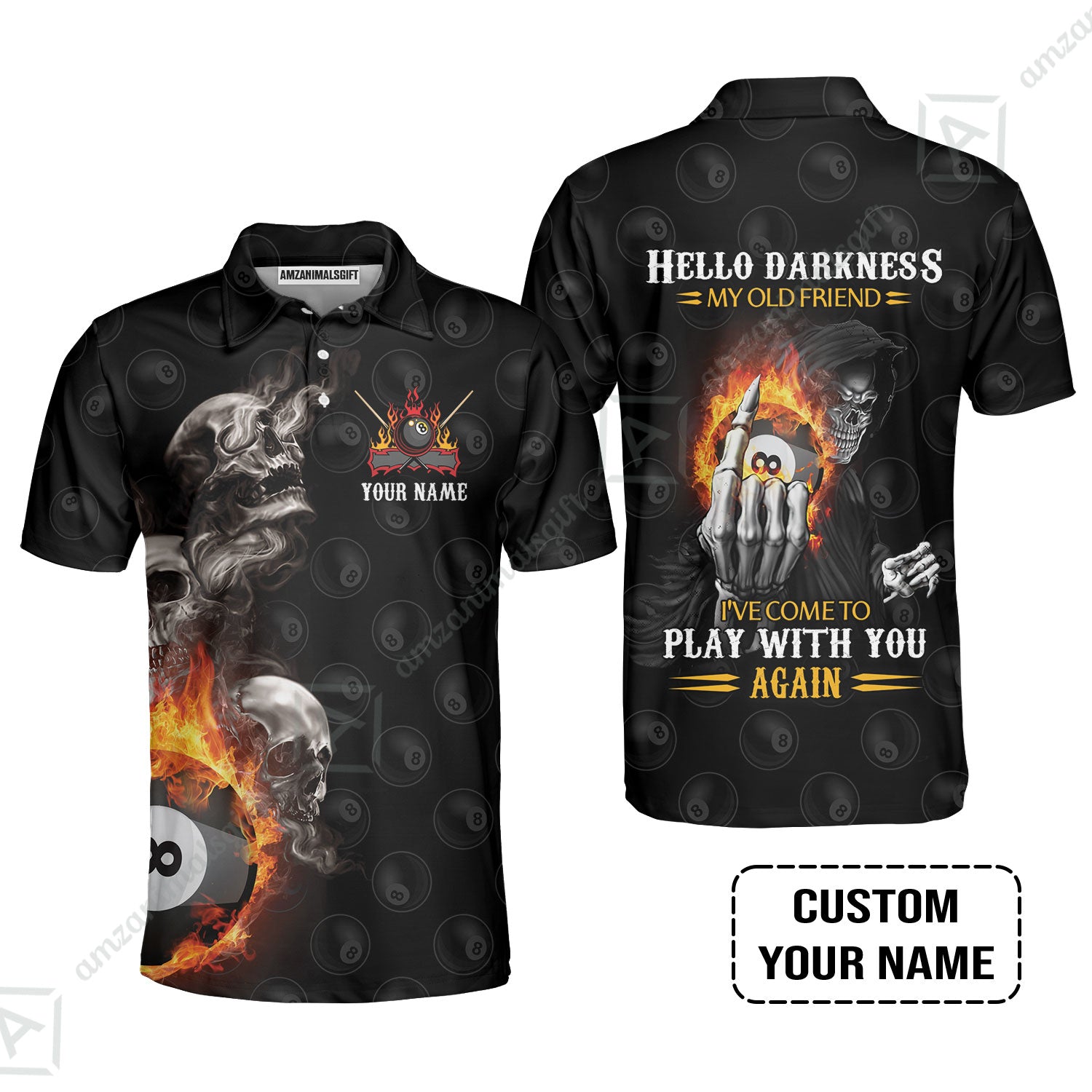 Custom Name Billiard Men Polo Shirt, Personalized Skull Reaper 8 Ball Pool Billiards, Hello Darkness My Old Friend Polo Shirt