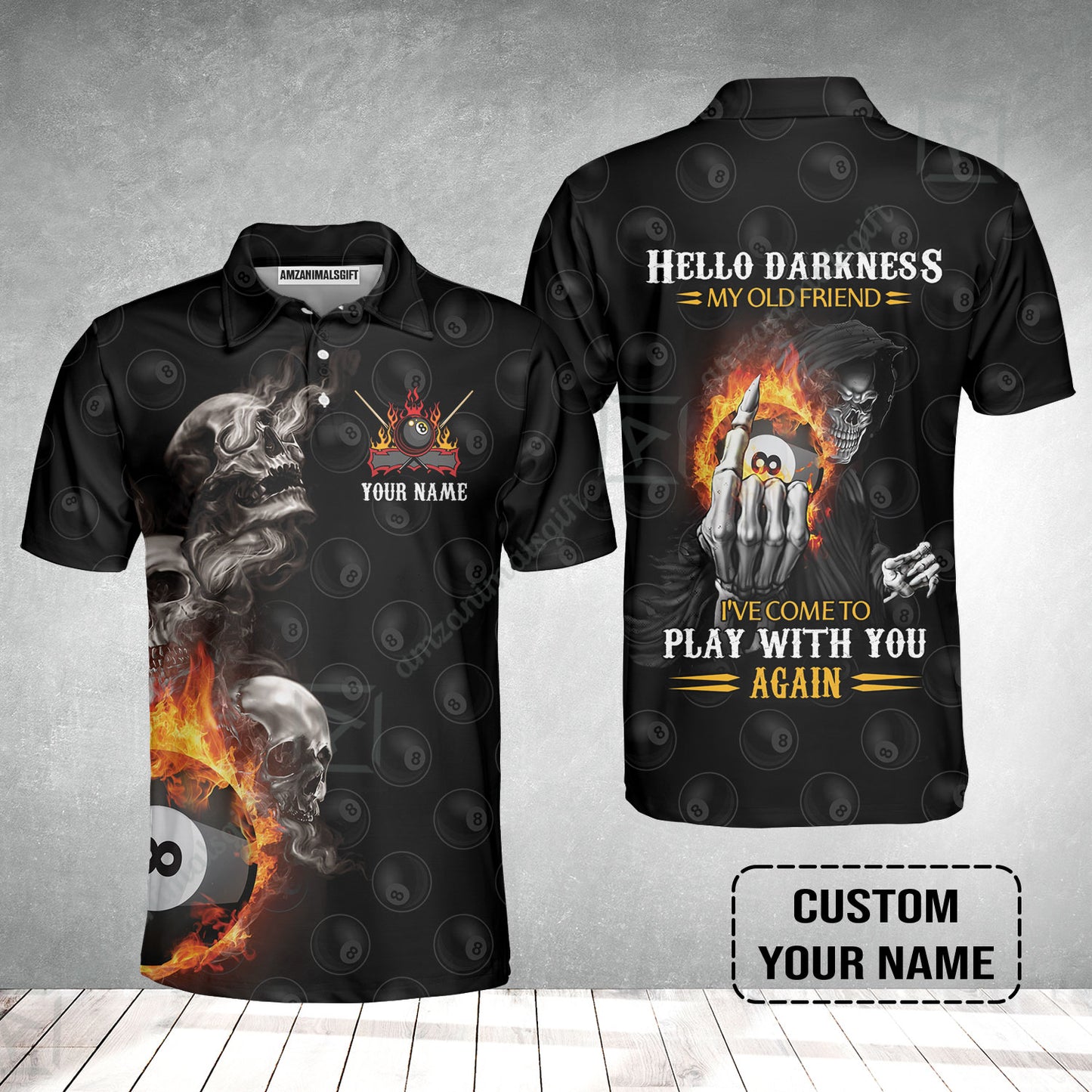 Custom Name Billiard Men Polo Shirt, Personalized Skull Reaper 8 Ball Pool Billiards, Hello Darkness My Old Friend Polo Shirt