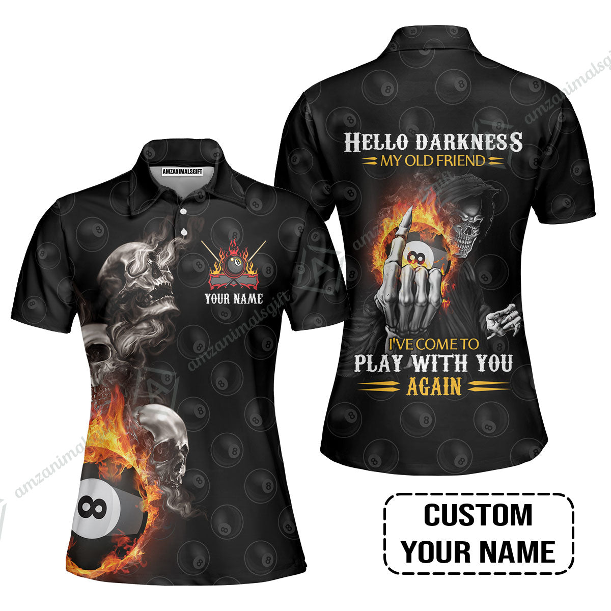 Custom Name Billiard Women Polo Shirt, Personalized Skull Reaper 8 Ball Pool Billiards, Hello Darkness My Old Friend Women Polo Shirt