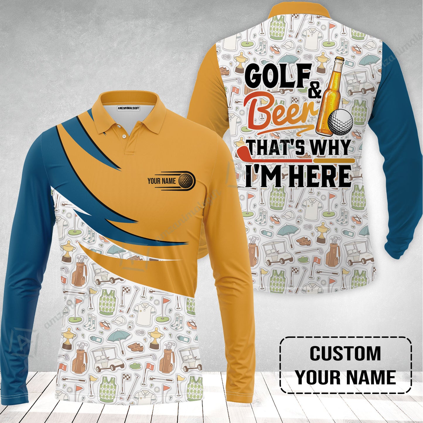 Customized Golf And Beer Long Polo Shirt, Personalized Custom Name Beer And Golf Long Polo Shirt