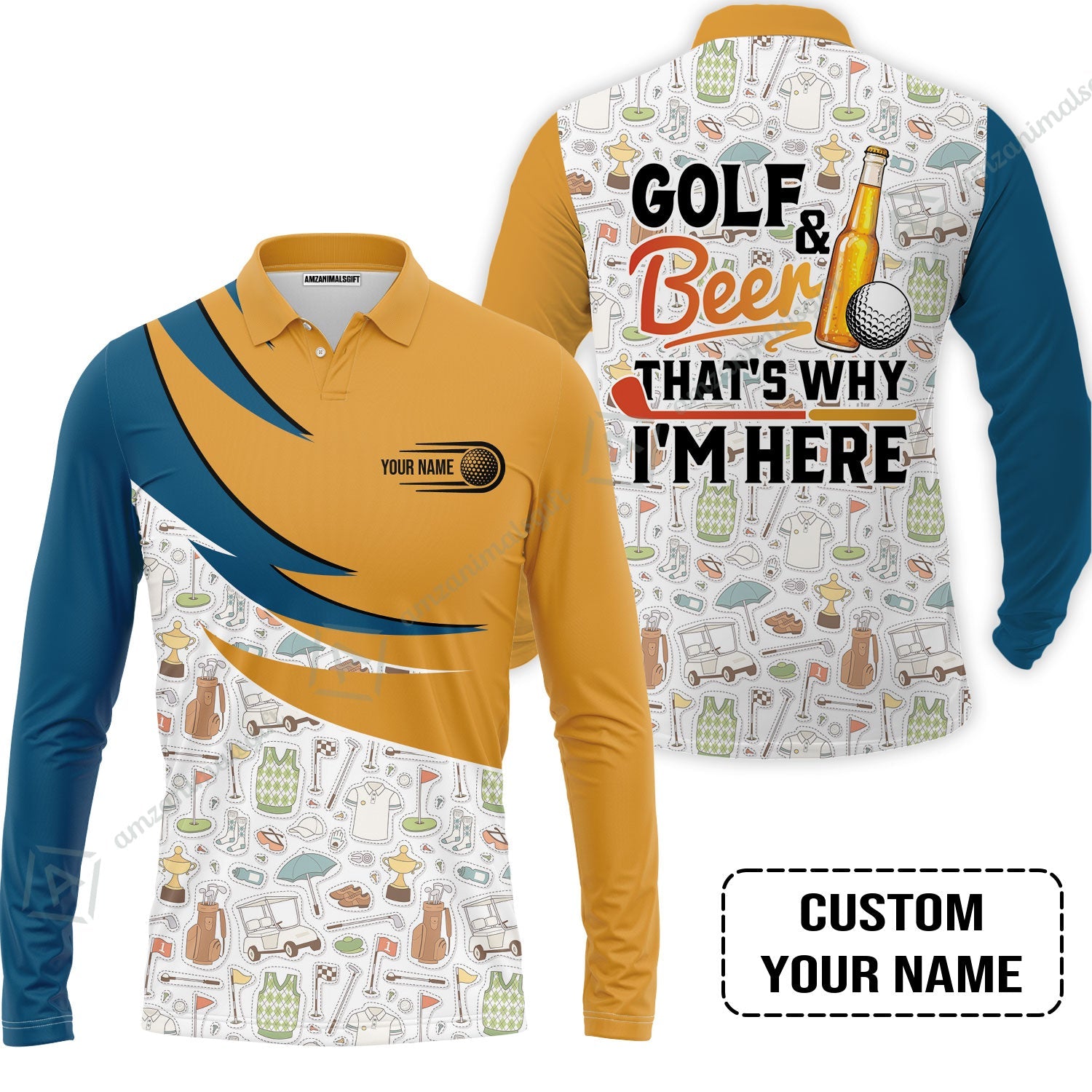 Customized Golf And Beer Long Polo Shirt, Personalized Custom Name Beer And Golf Long Polo Shirt
