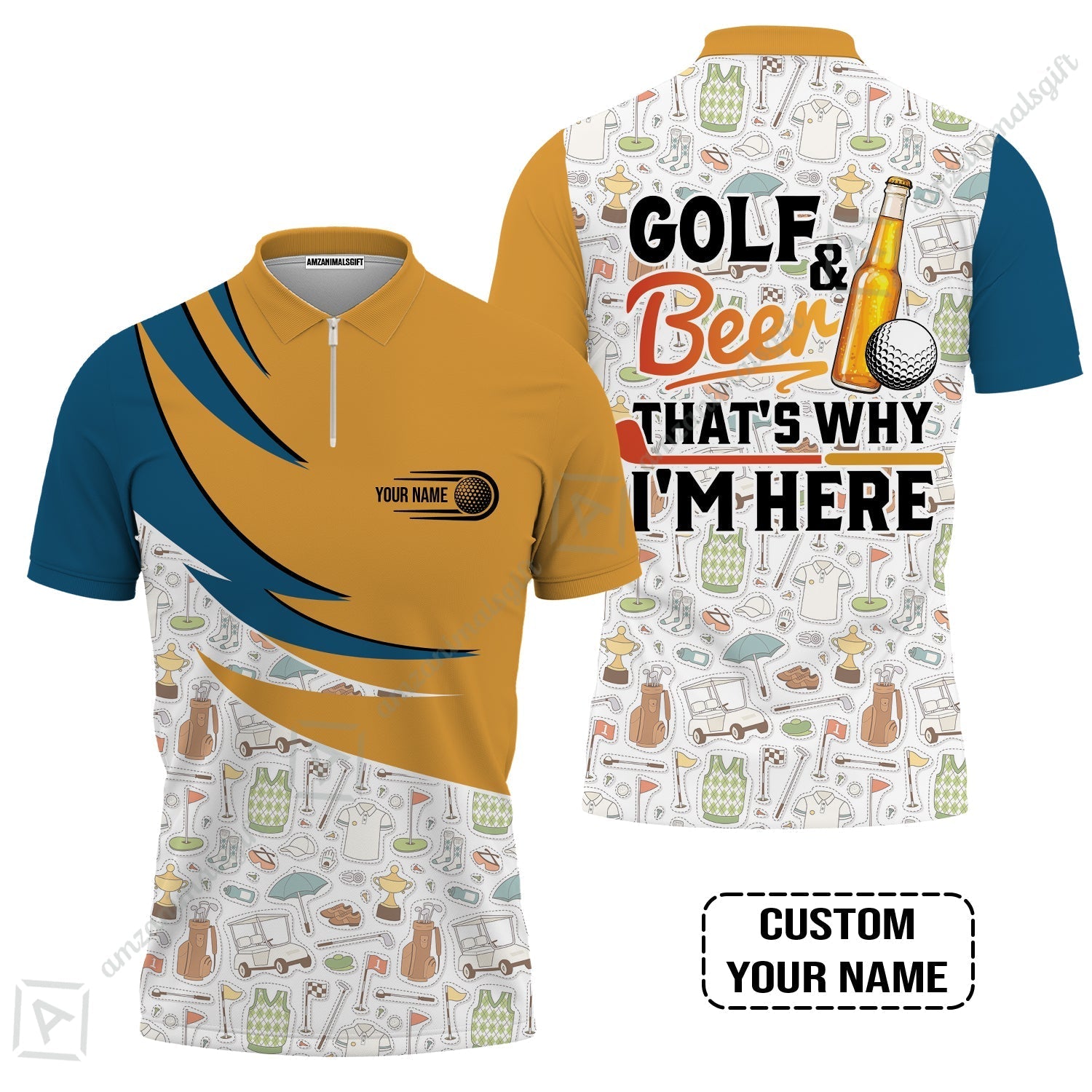 Customized Golf And Beer Zip Polo Shirt, Personalized Custom Name Beer And Golf Zip Polo Shirt