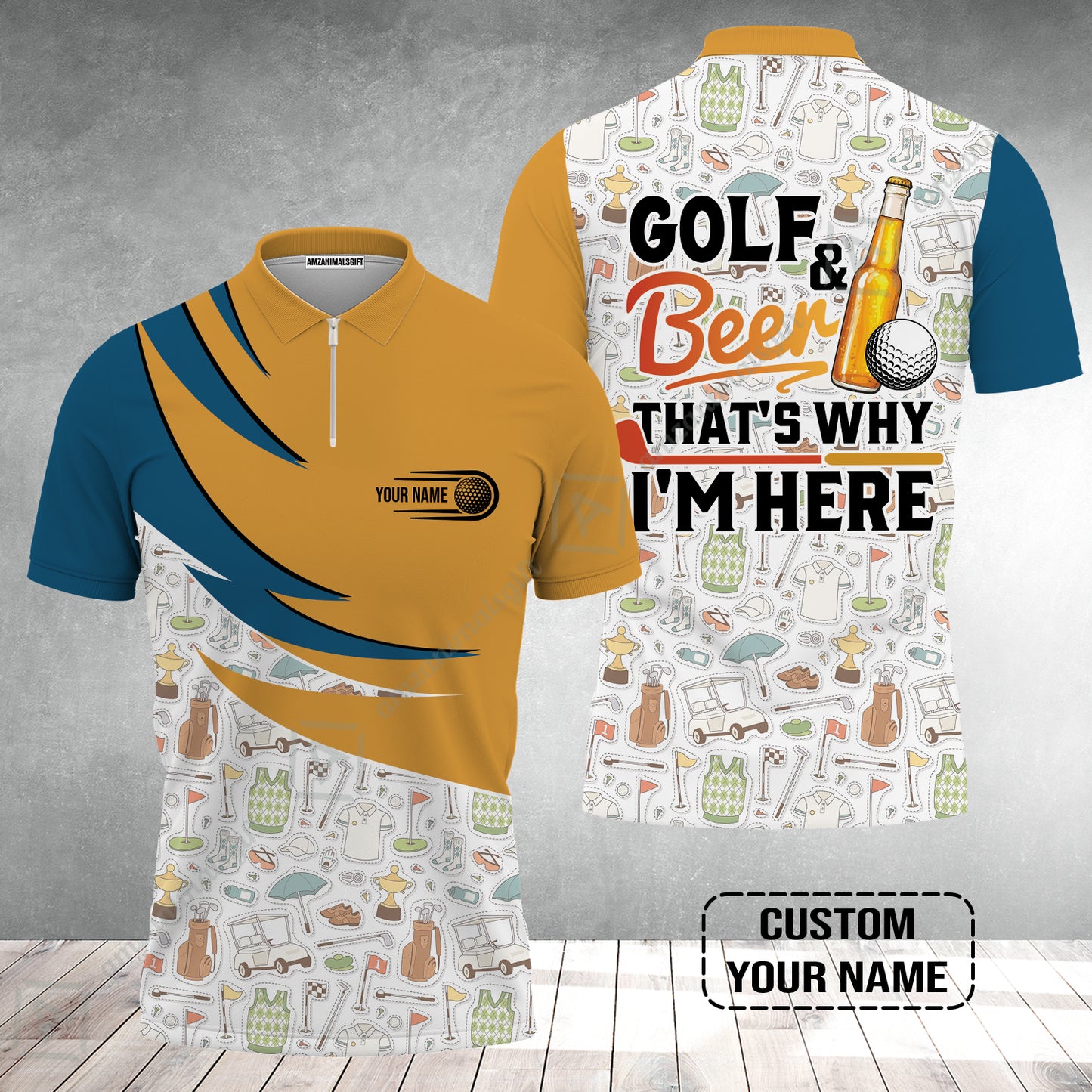 Customized Golf And Beer Zip Polo Shirt, Personalized Custom Name Beer And Golf Zip Polo Shirt