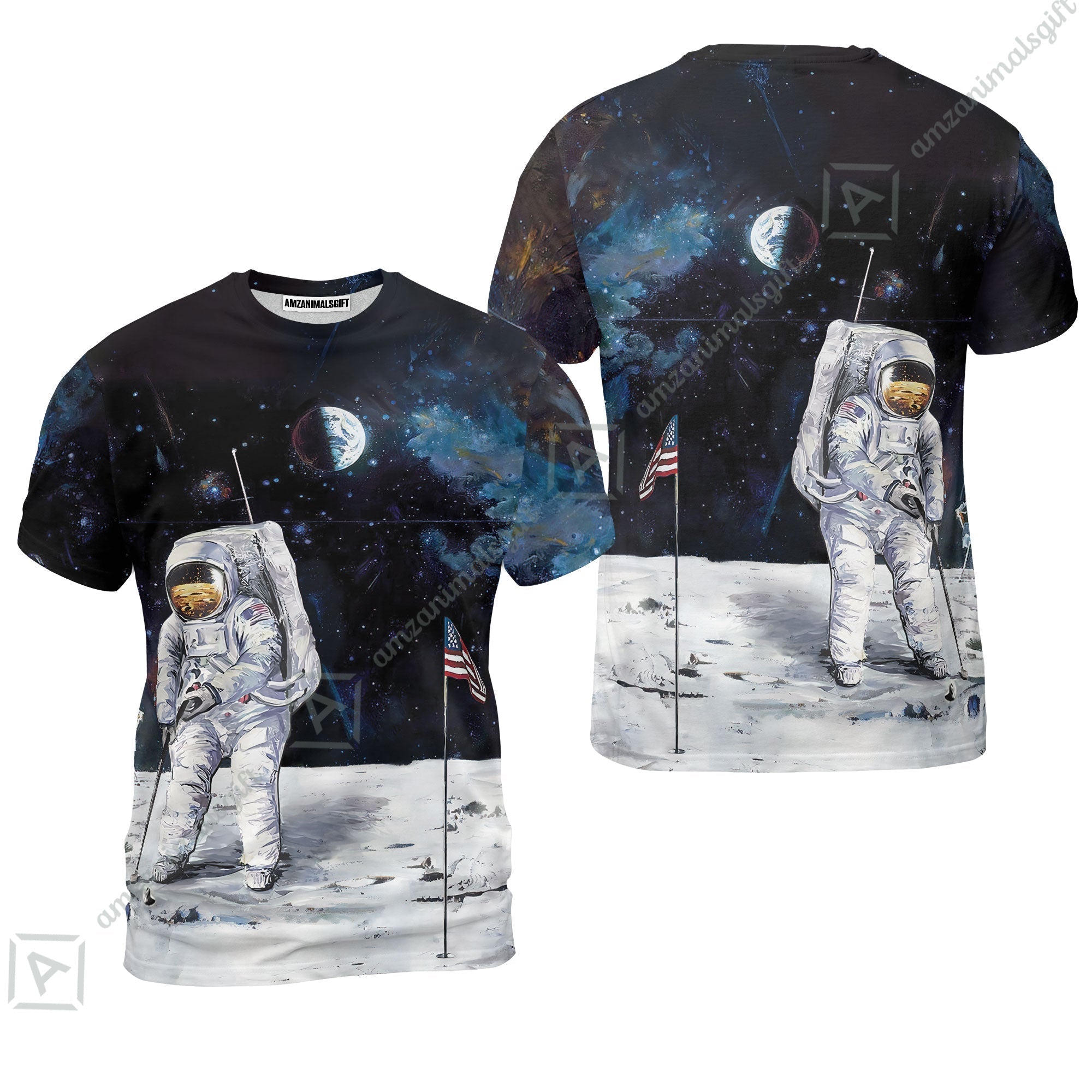 Golf T-Shirt - Astronaut Moon Golf Men Polo Shirt, American Flag T-Shirt