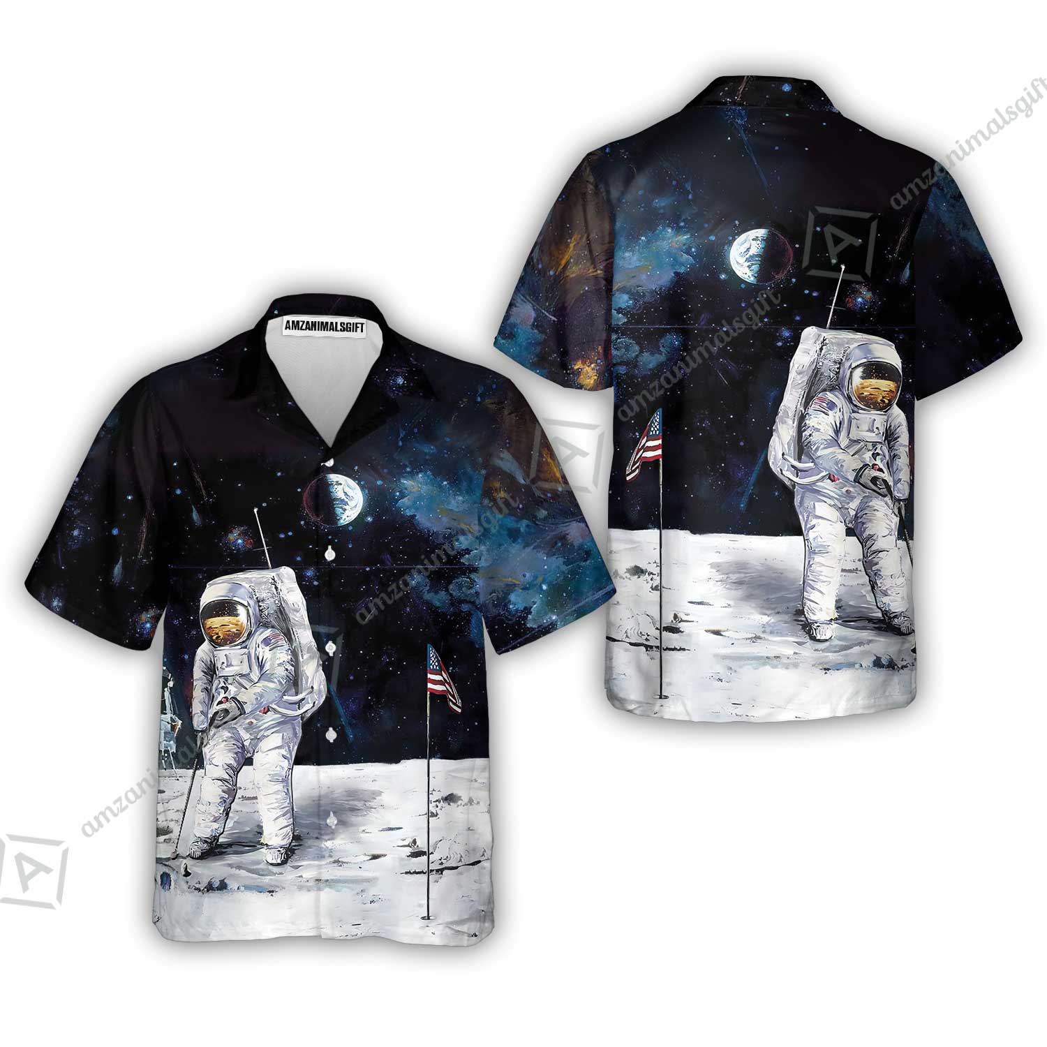 Golf Hawaiian Shirt - Astronaut Moon Golf Men Polo Shirt, American Flag Hawaiian Shirt