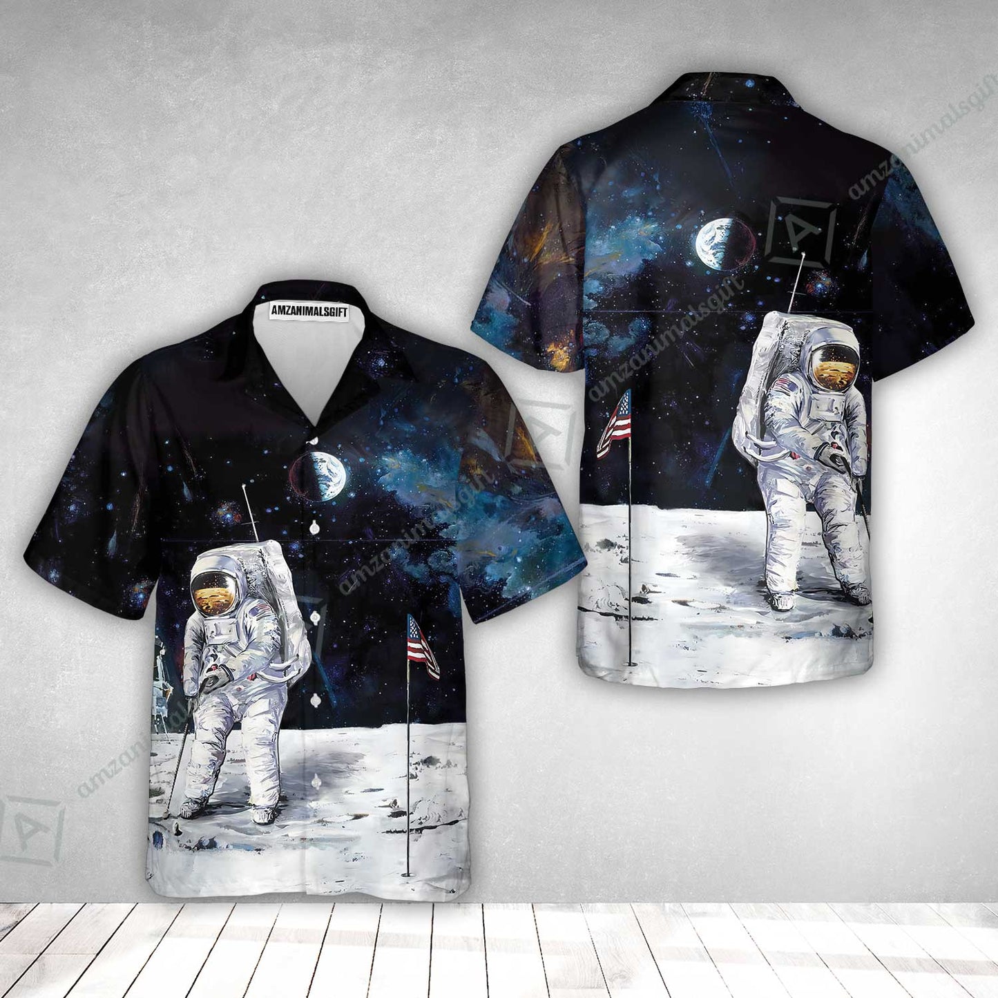 Golf Hawaiian Shirt - Astronaut Moon Golf Men Polo Shirt, American Flag Hawaiian Shirt