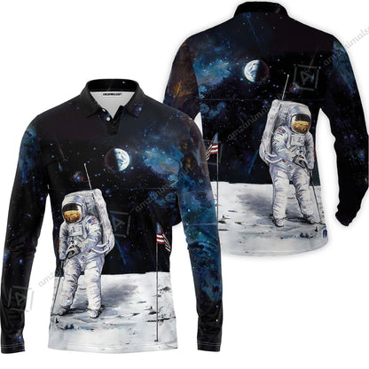 Golf Zip Polo Shirt - Astronaut Moon Golf Men Polo Shirt, American Flag Zip Polo Shirt