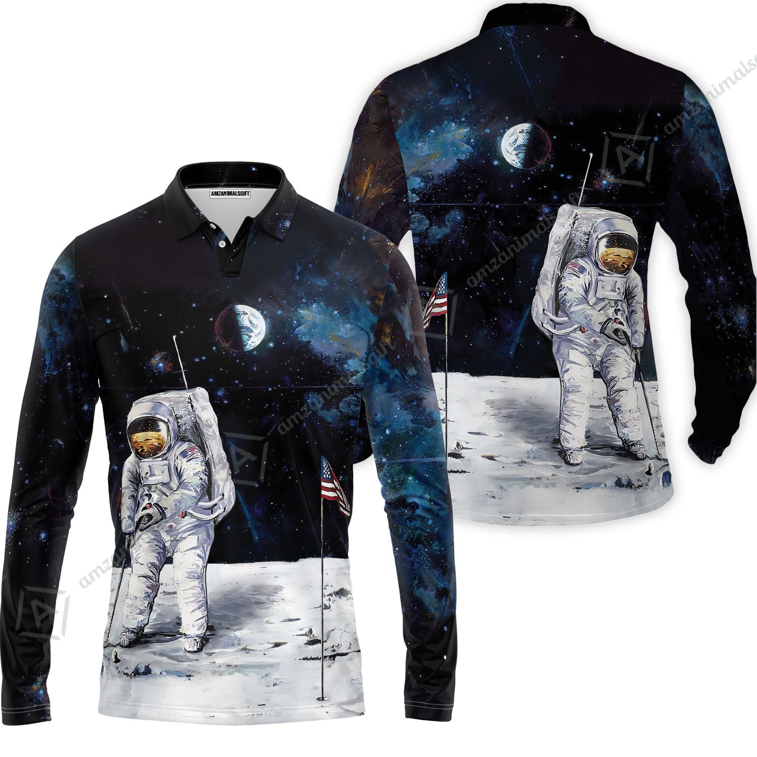 Golf Long Polo Shirt - Astronaut Moon Golf Men Polo Shirt, American Flag Long Polo Shirt