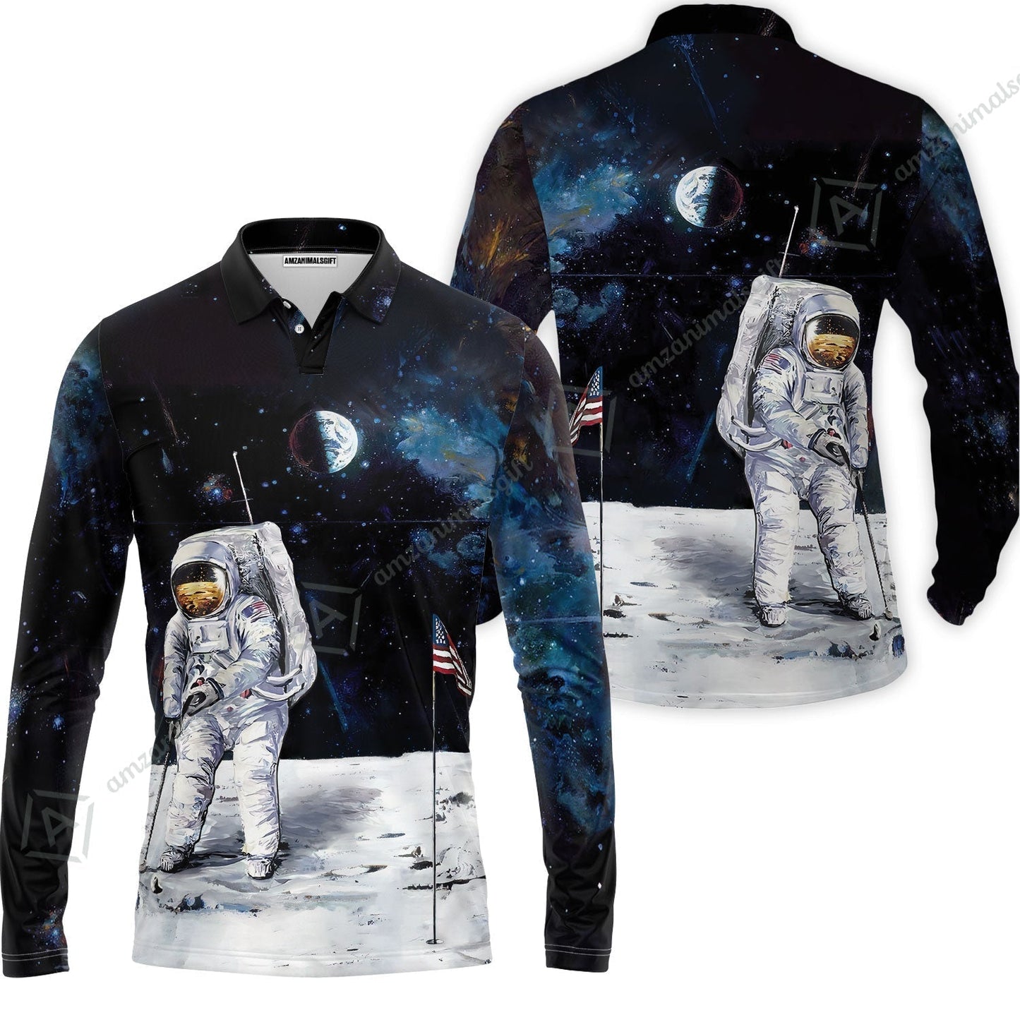 Golf Hawaiian Shirt - Astronaut Moon Golf Men Polo Shirt, American Flag Hawaiian Shirt
