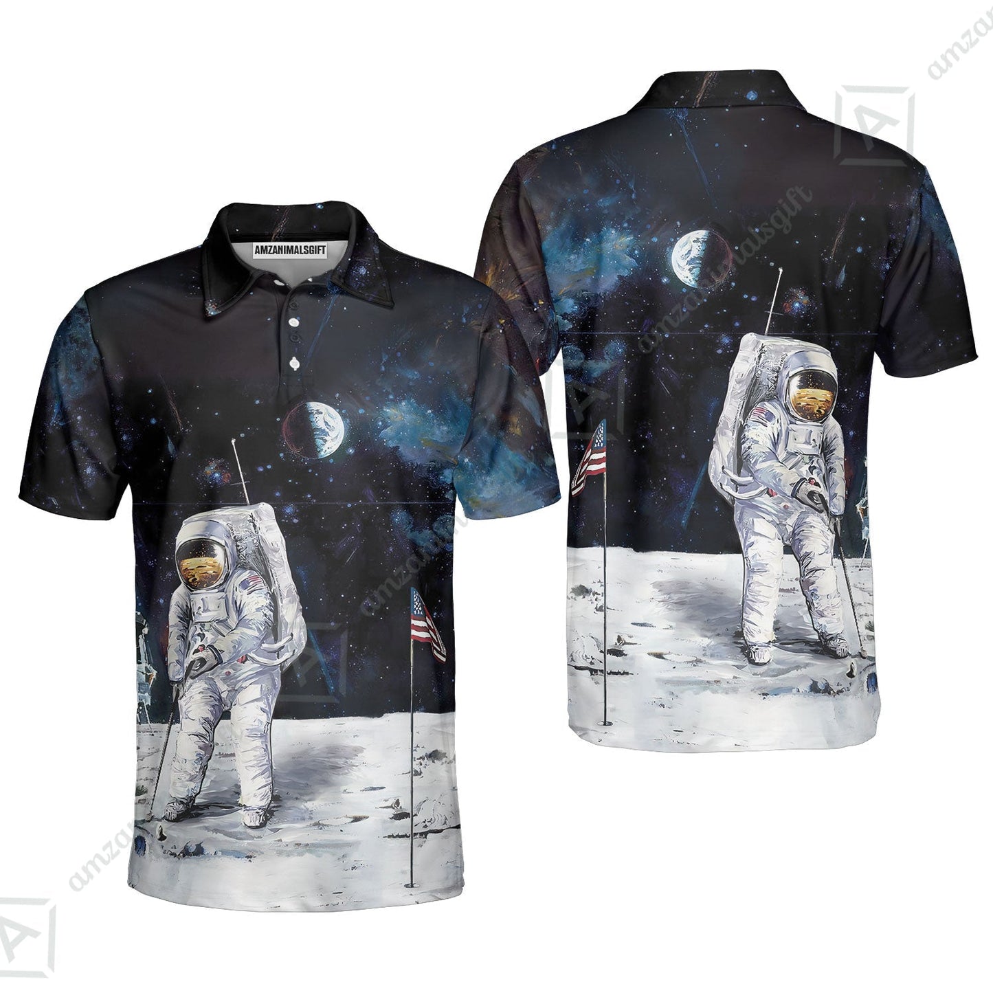 Golf Zip Polo Shirt - Astronaut Moon Golf Men Polo Shirt, American Flag Zip Polo Shirt