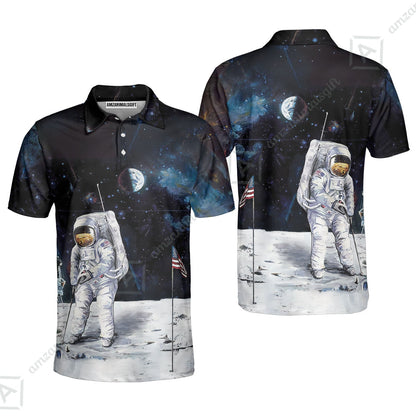 Golf Zip Polo Shirt - Astronaut Moon Golf Men Polo Shirt, American Flag Zip Polo Shirt