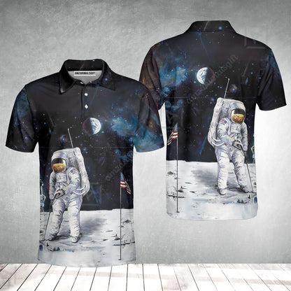 Golf Men Polo Shirt - Astronaut Moon Golf Men Polo Shirt, American Flag Men Polo Shirt