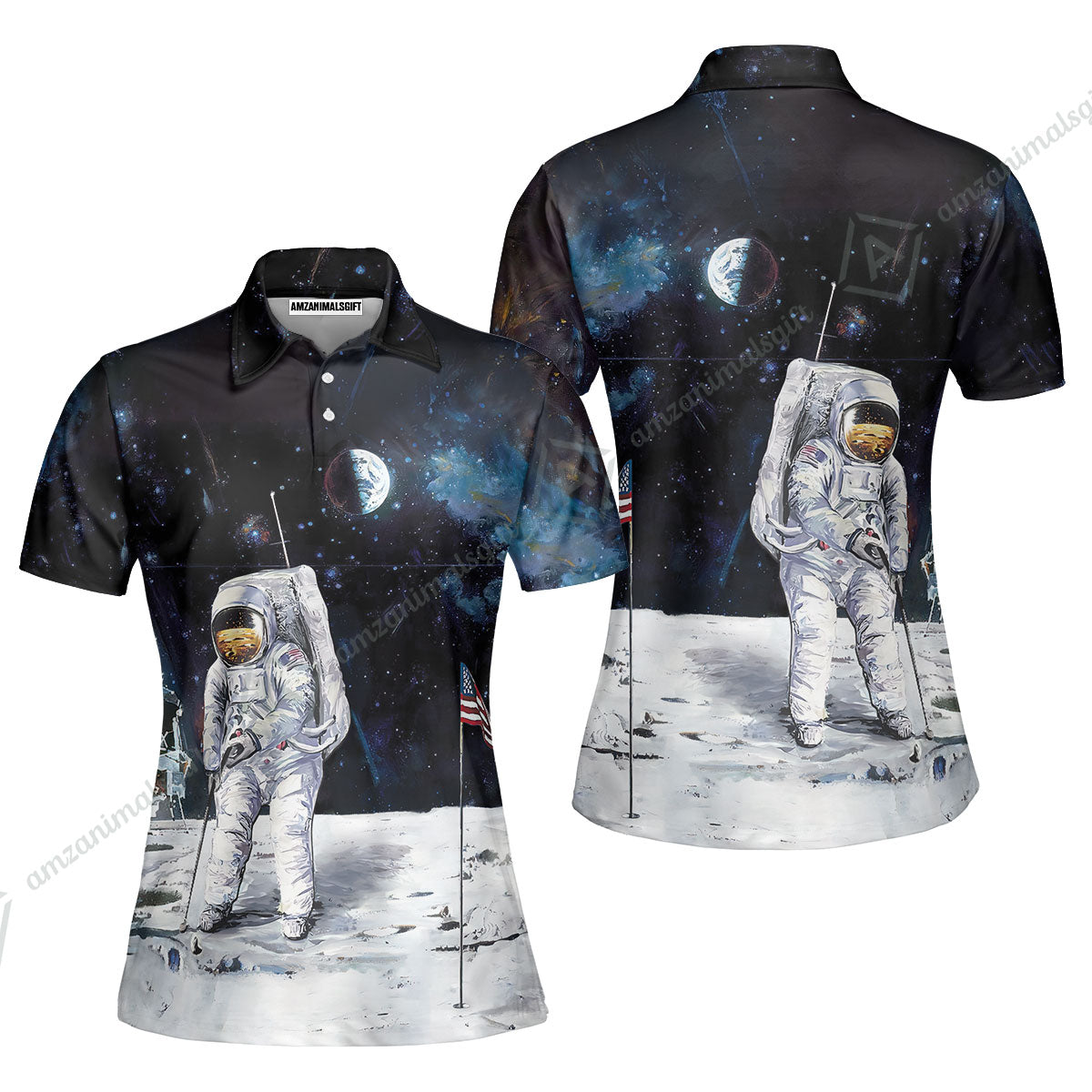 Golf Women Polo Shirt - Astronaut Moon Golf Men Polo Shirt, American Flag Women Polo Shirt