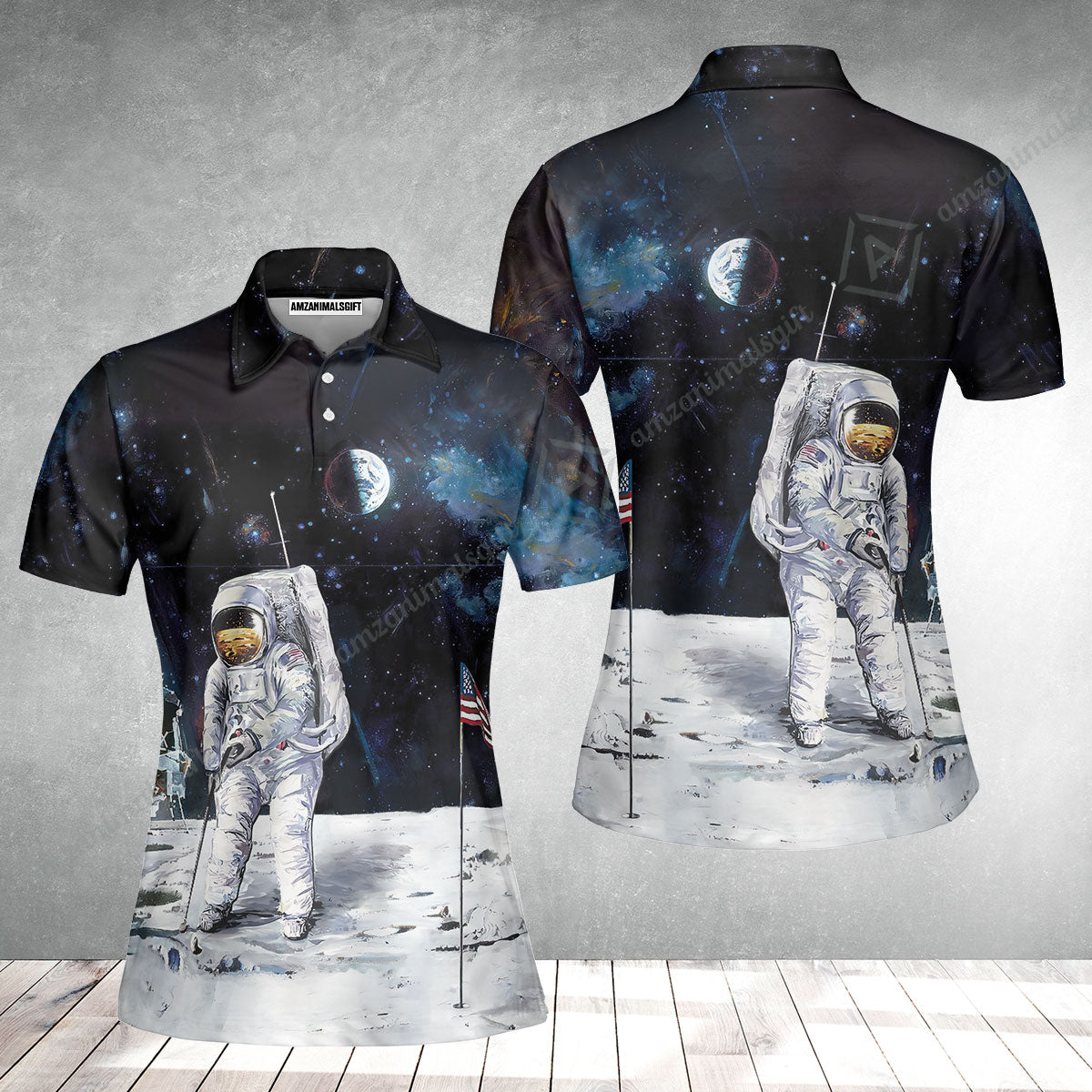Golf Women Polo Shirt - Astronaut Moon Golf Men Polo Shirt, American Flag Women Polo Shirt