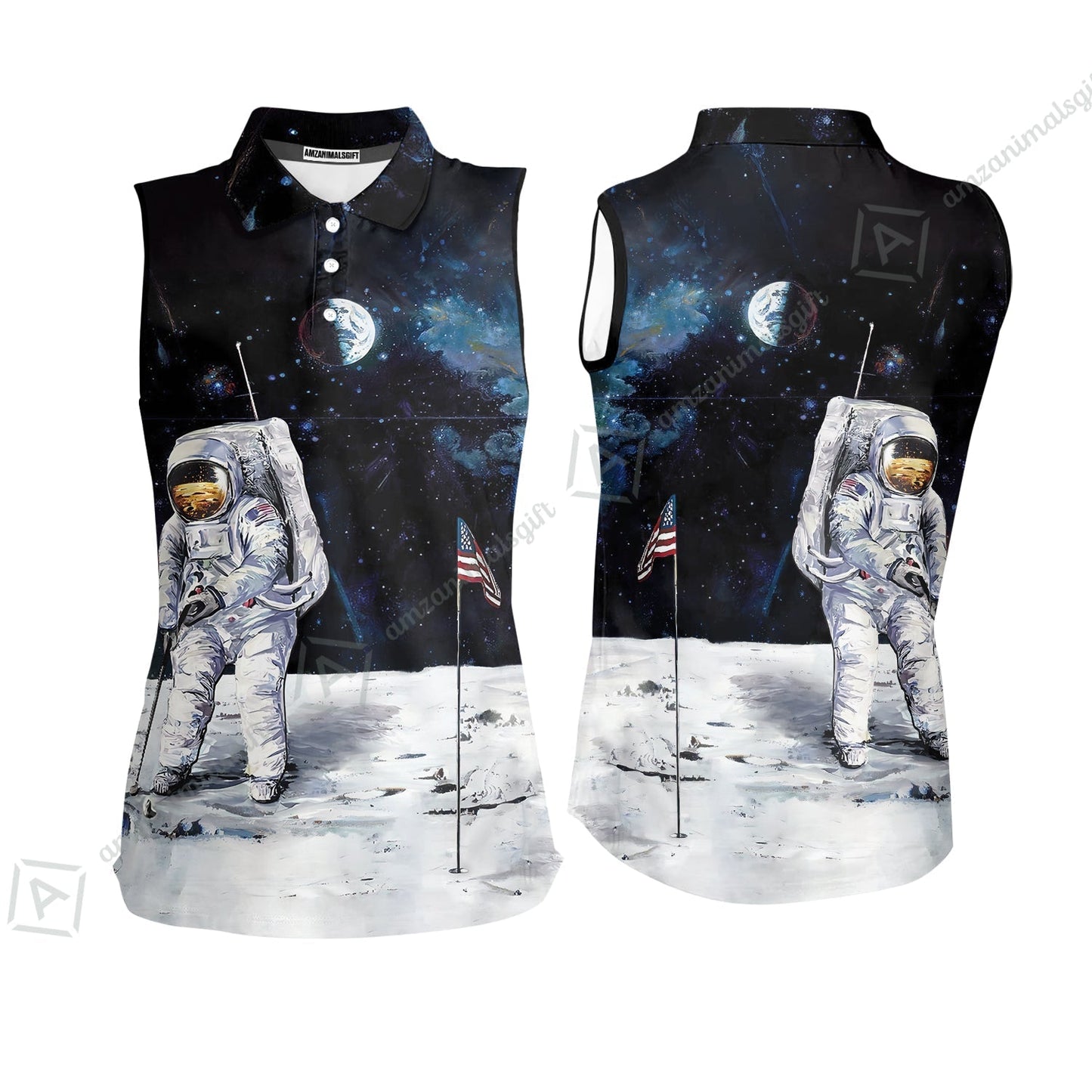 Golf Hawaiian Shirt - Astronaut Moon Golf Men Polo Shirt, American Flag Hawaiian Shirt