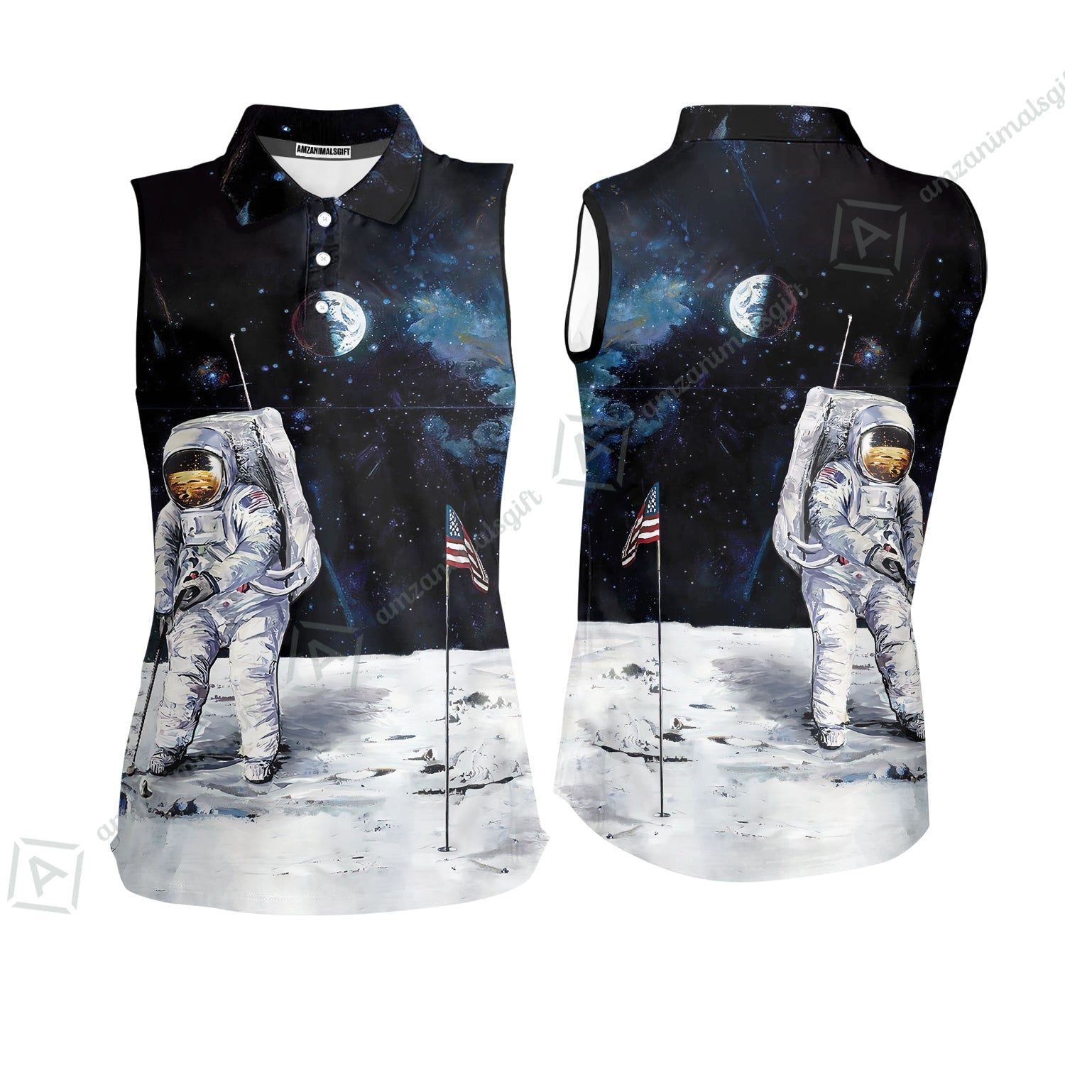 Golf Women Sleeveless Polo Shirt - Astronaut Moon Golf Men Polo Shirt, American Flag Women Sleeveless Polo Shirt