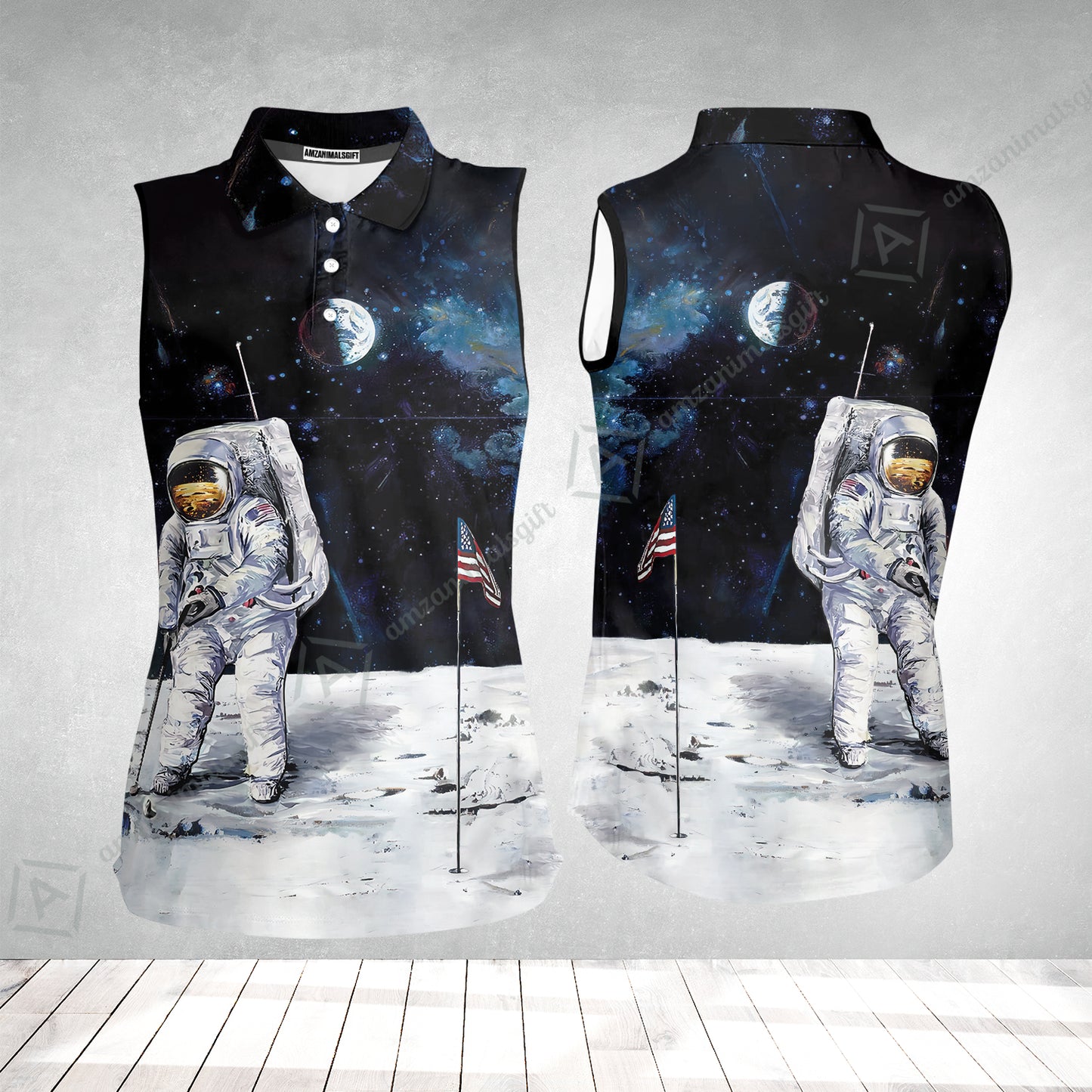 Golf Women Sleeveless Polo Shirt - Astronaut Moon Golf Men Polo Shirt, American Flag Women Sleeveless Polo Shirt