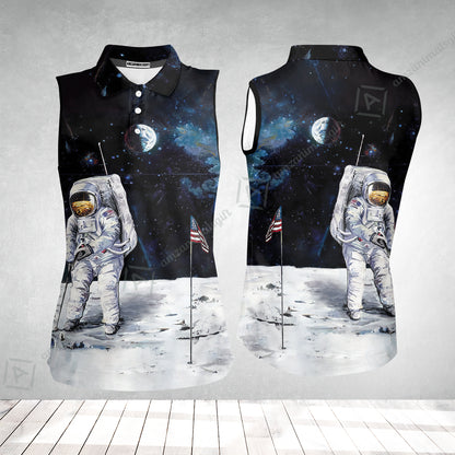 Golf Women Sleeveless Polo Shirt - Astronaut Moon Golf Men Polo Shirt, American Flag Women Sleeveless Polo Shirt