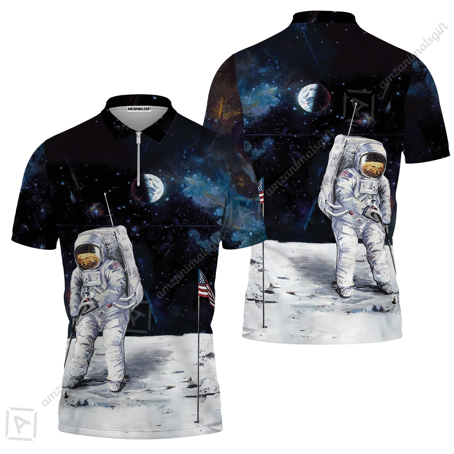 Golf Zip Polo Shirt - Astronaut Moon Golf Men Polo Shirt, American Flag Zip Polo Shirt