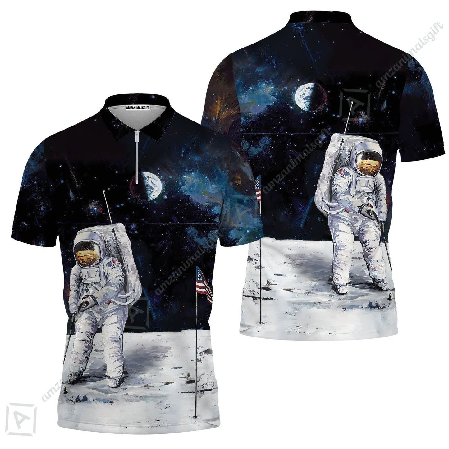 Golf T-Shirt - Astronaut Moon Golf Men Polo Shirt, American Flag T-Shirt