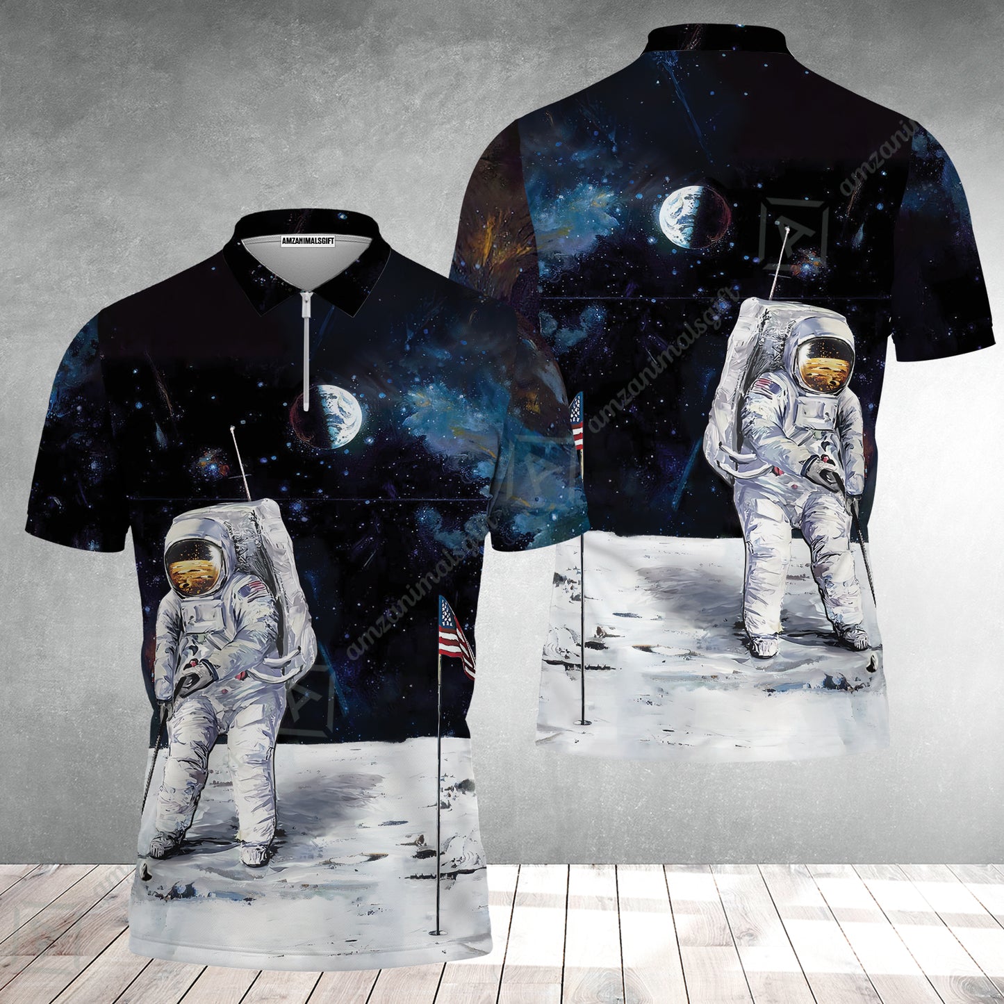 Golf Zip Polo Shirt - Astronaut Moon Golf Men Polo Shirt, American Flag Zip Polo Shirt