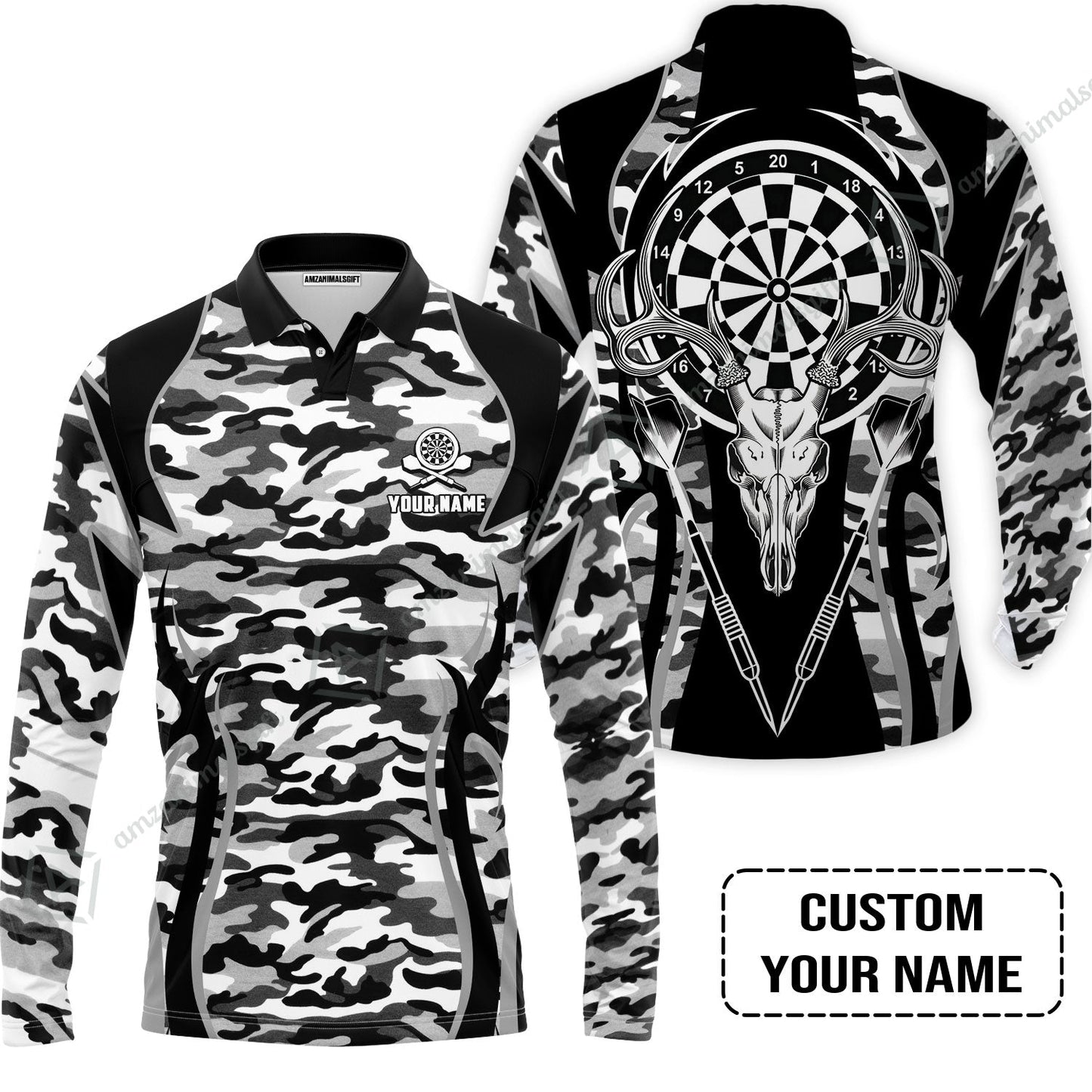 Darts Custom Name Men Long Polo Shirt, Camo Darts And Deer Personalized Long Polo Shirt