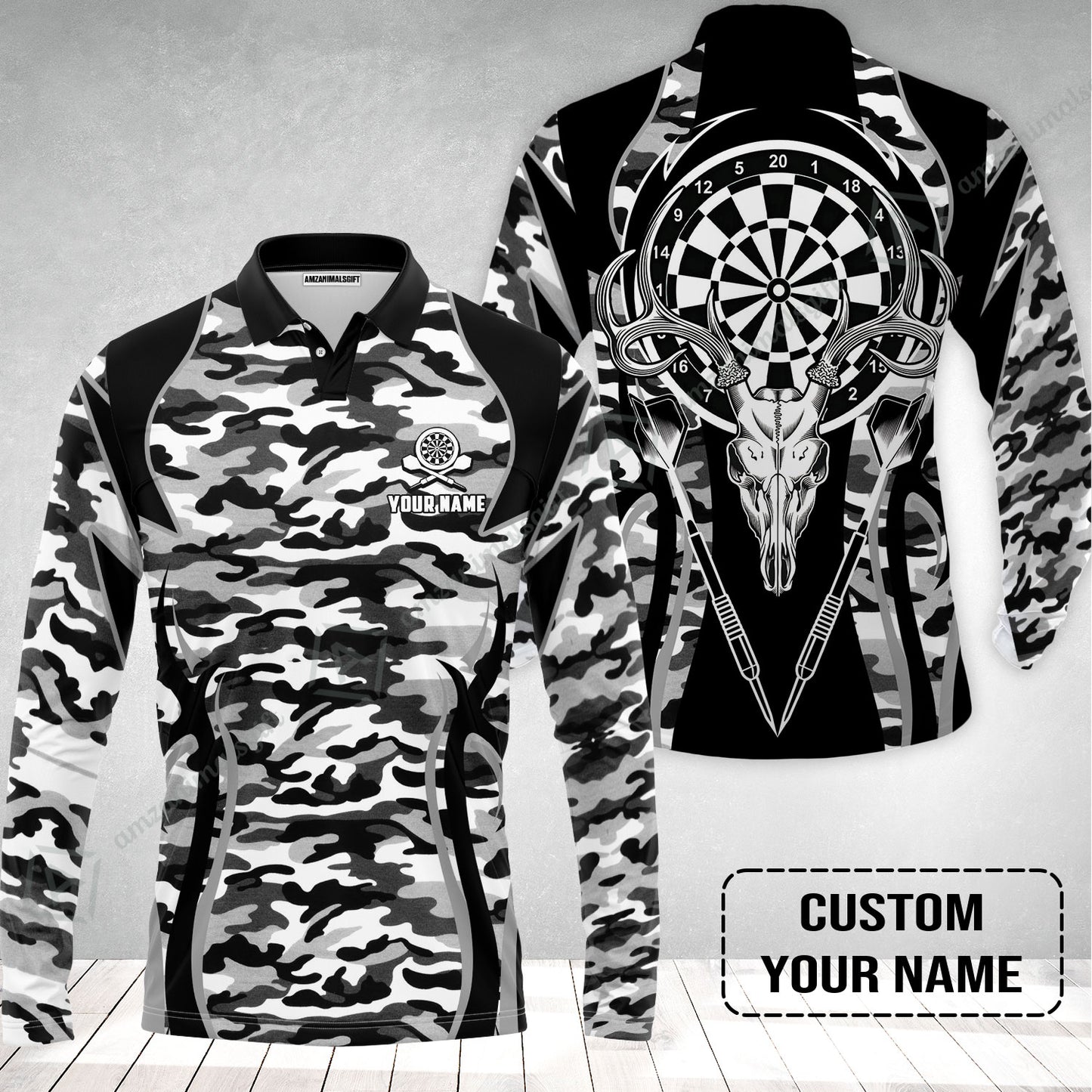 Darts Custom Name Men Long Polo Shirt, Camo Darts And Deer Personalized Long Polo Shirt
