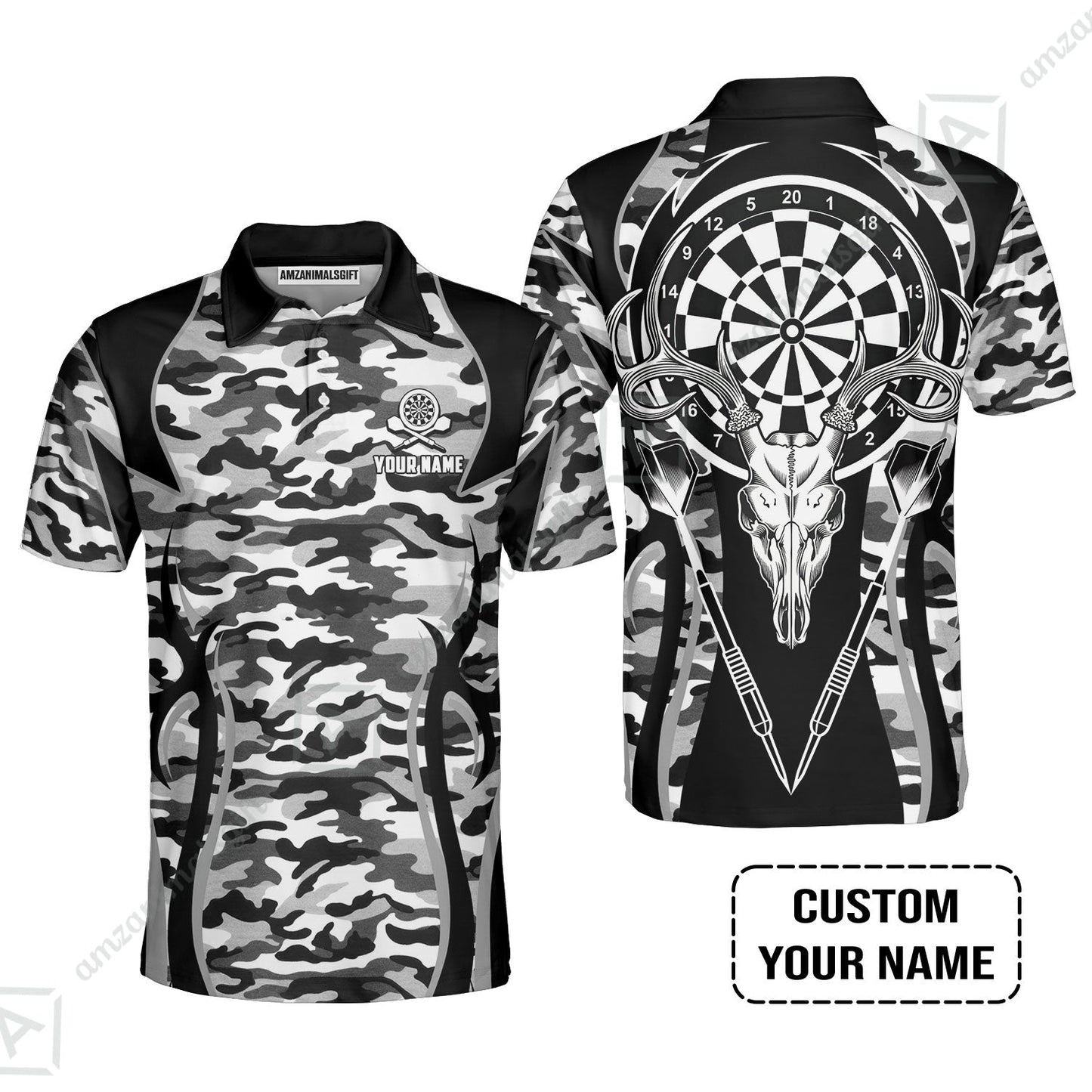 Darts Custom Name Zip Polo Shirt, Camo Darts And Deer Personalized Zip Polo Shirt