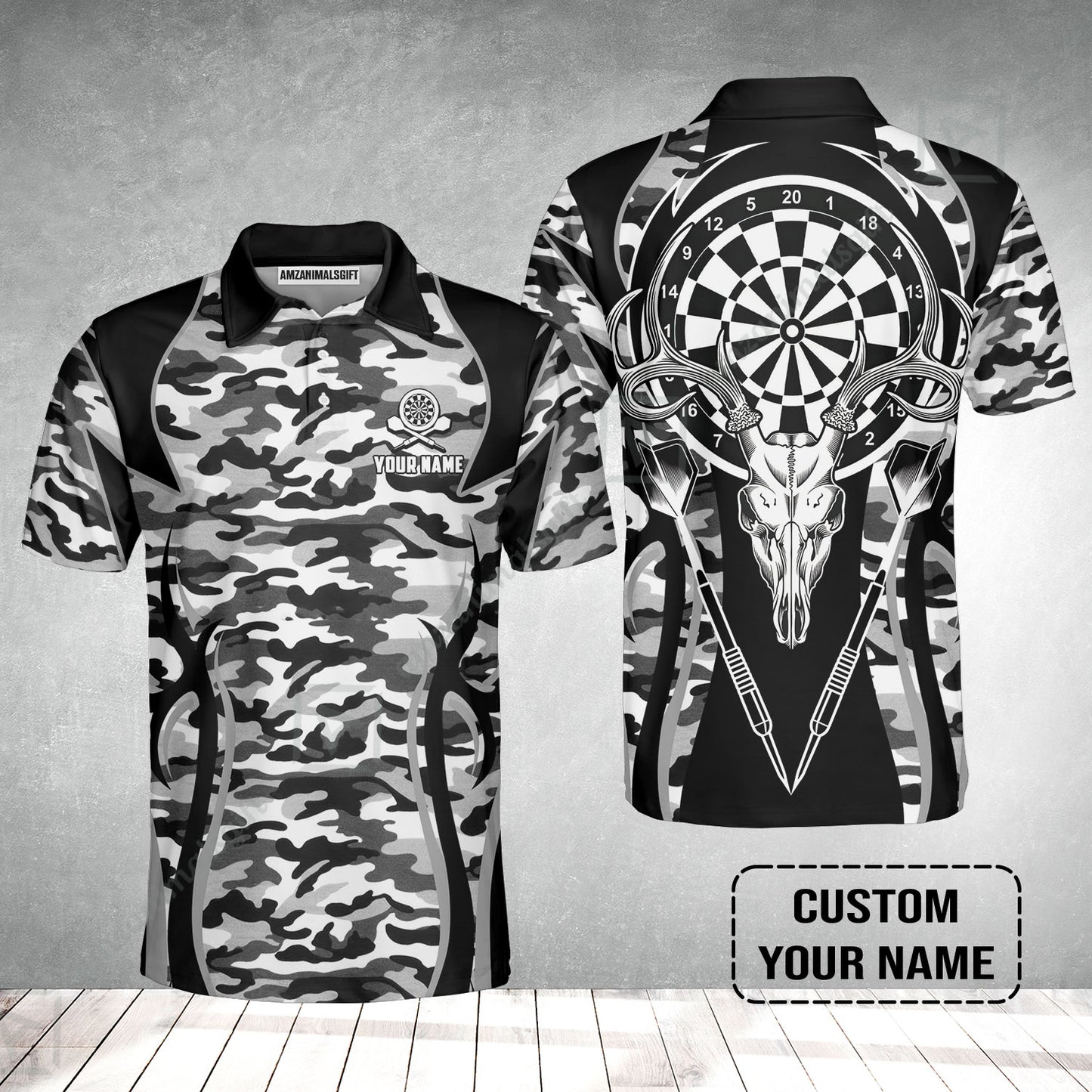 Darts Custom Name Men Polo Shirt, Camo Darts And Deer Personalized Men Polo Shirt