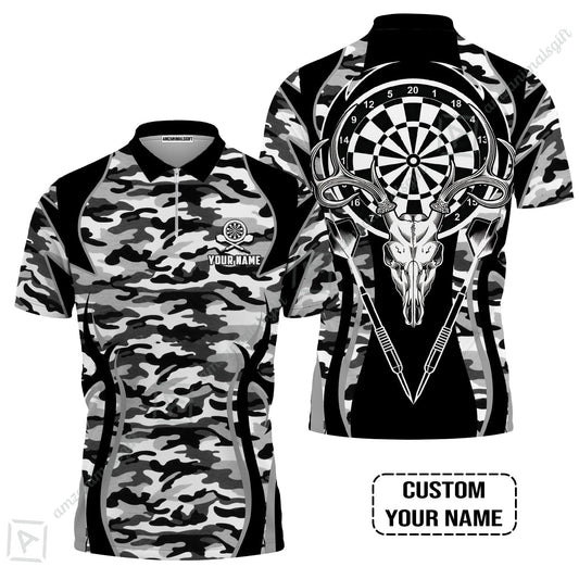 Darts Custom Name Zip Polo Shirt, Camo Darts And Deer Personalized Zip Polo Shirt
