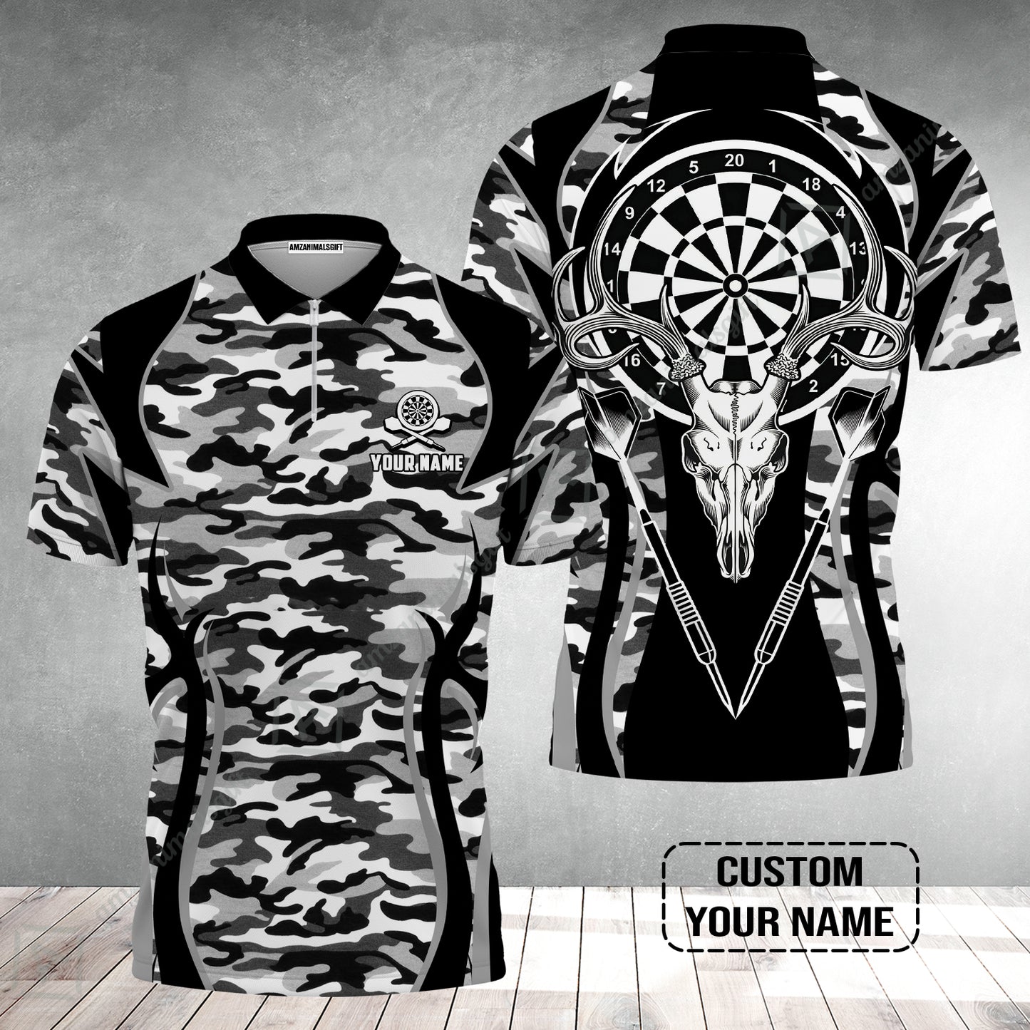 Darts Custom Name Zip Polo Shirt, Camo Darts And Deer Personalized Zip Polo Shirt