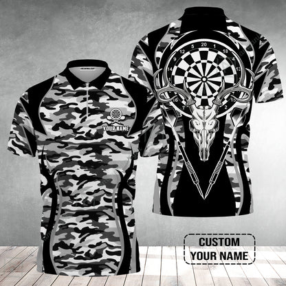 Darts Custom Name Zip Polo Shirt, Camo Darts And Deer Personalized Zip Polo Shirt