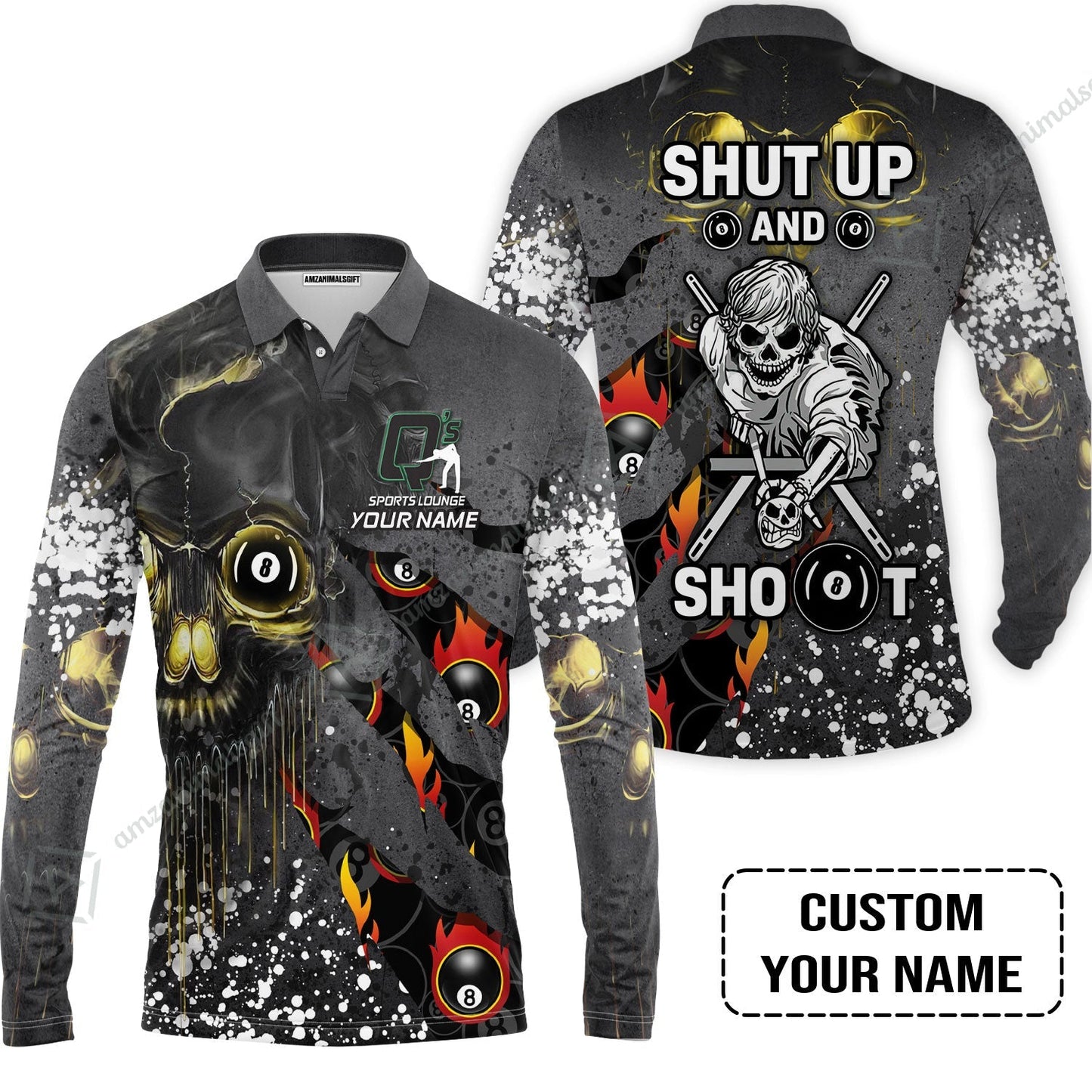 Custom Billiard Zip Polo Shirt - Q's Team Billiards 8 Balls Paint Splash Personalized Name Zip Polo Shirt