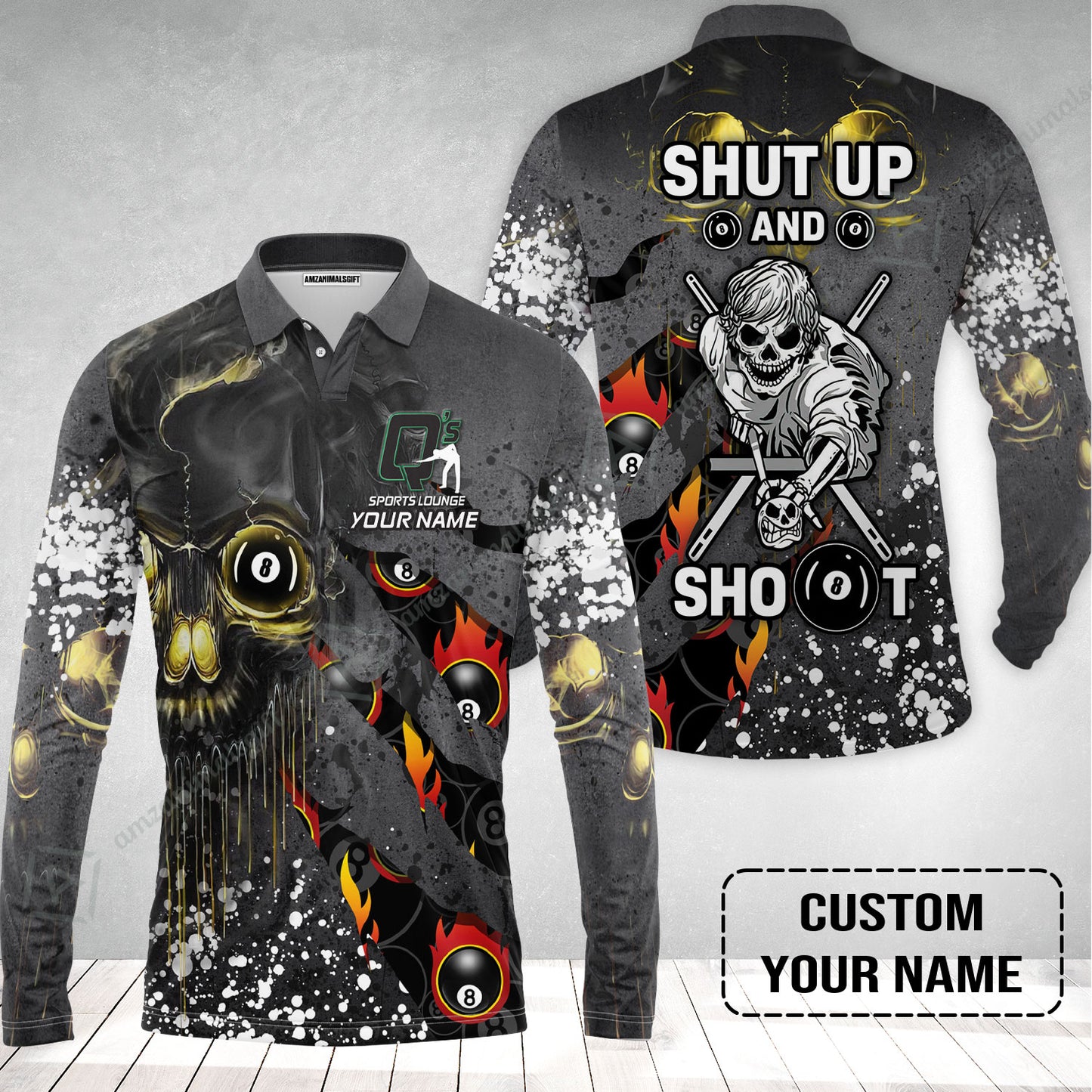 Custom Billiard Long Polo Shirt- Q's Team Billiards 8 Balls Paint Splash Personalized Name Long Polo Shirt
