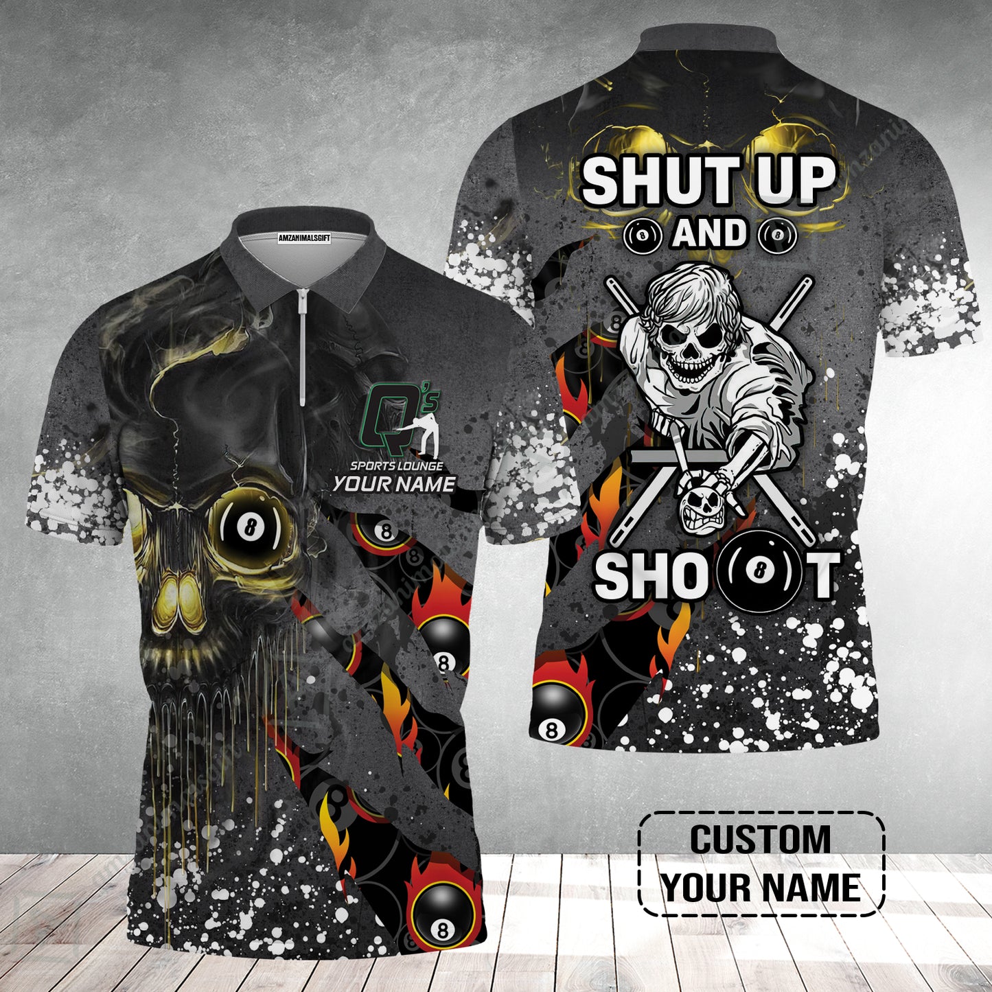 Custom Billiard Zip Polo Shirt - Q's Team Billiards 8 Balls Paint Splash Personalized Name Zip Polo Shirt