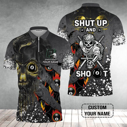 Custom Billiard Zip Polo Shirt - Q's Team Billiards 8 Balls Paint Splash Personalized Name Zip Polo Shirt
