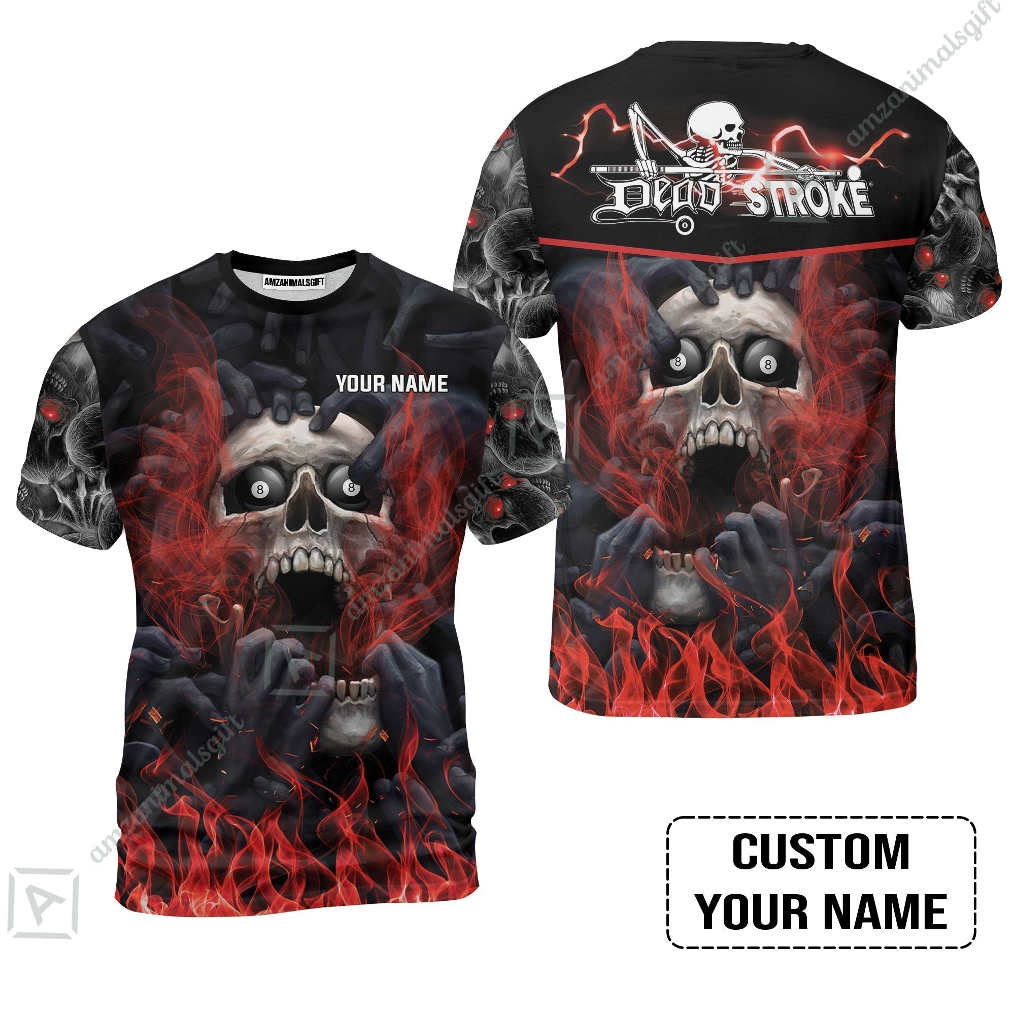 Custom Billiard T-Shirt - Dead Stroke Pool 8 Ball Skull On Fire Personalized Name, Perfect Billiard T-Shirt