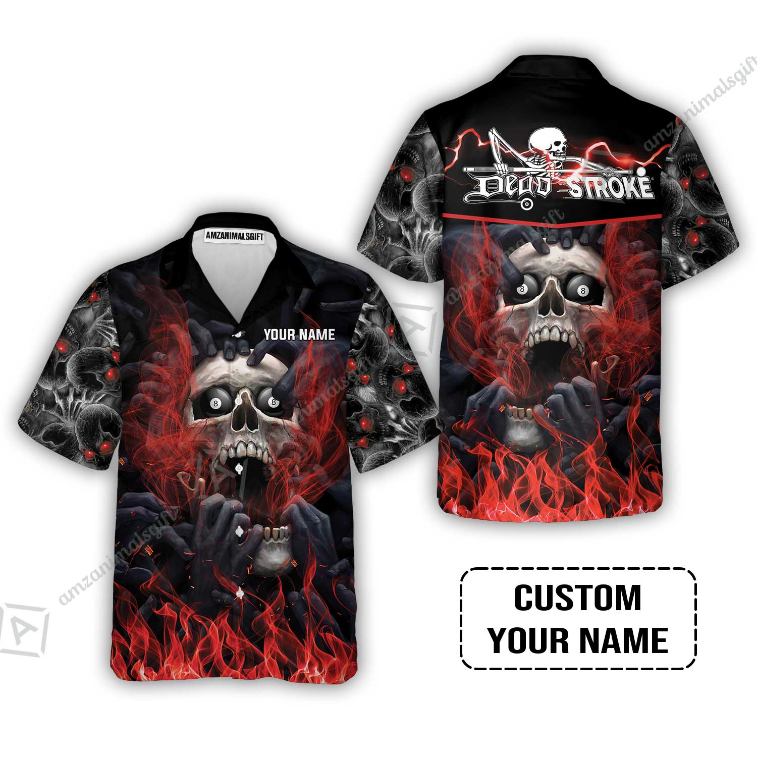 Custom Billiard Hawaiian Shirt - Dead Stroke Pool 8 Ball Skull On Fire Personalized Name, Perfect Billiard Hawaiian Shirt