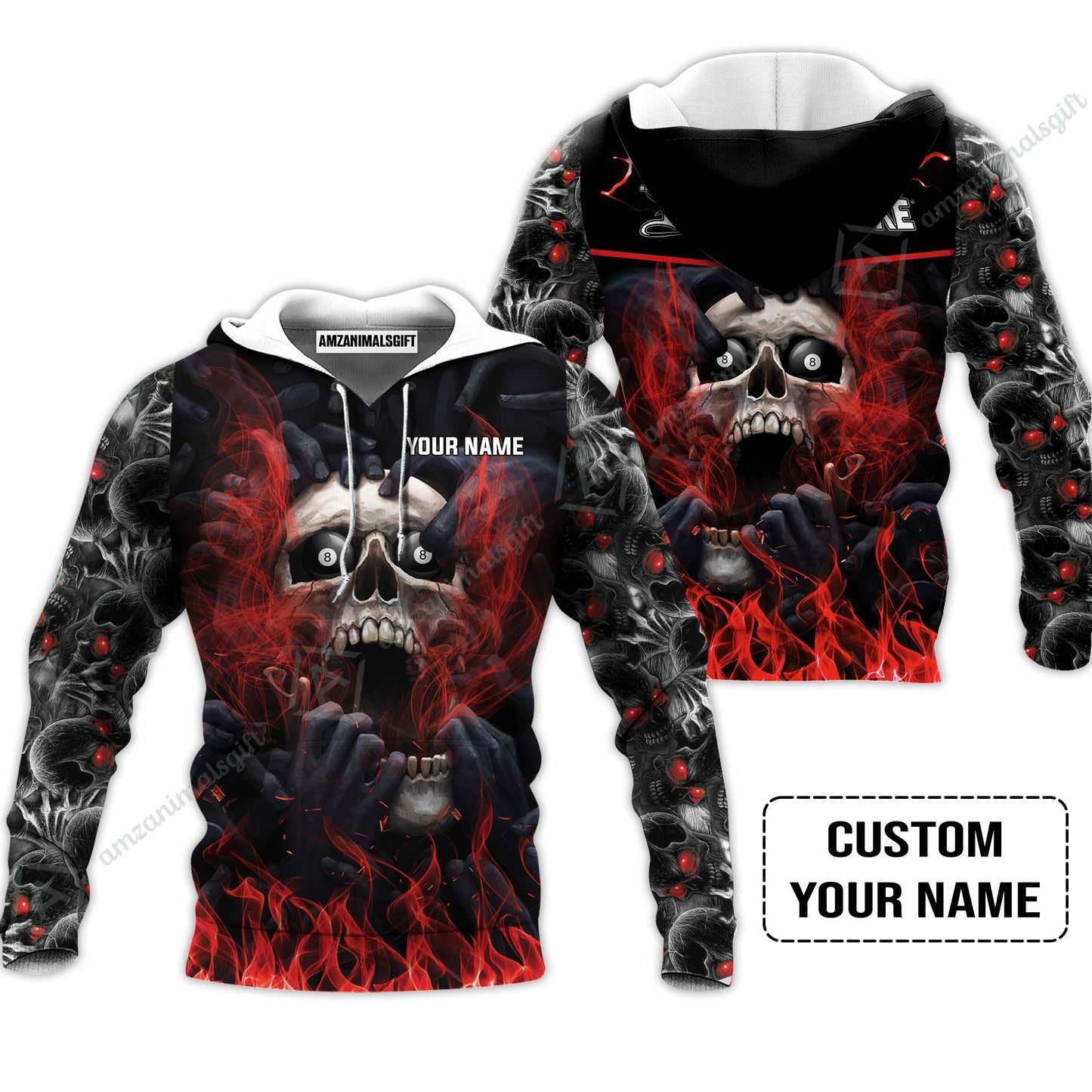 Custom Billiard Long Polo Shirt - Dead Stroke Pool 8 Ball Skull On Fire Personalized Name, Perfect Billiard Long Polo Shirt
