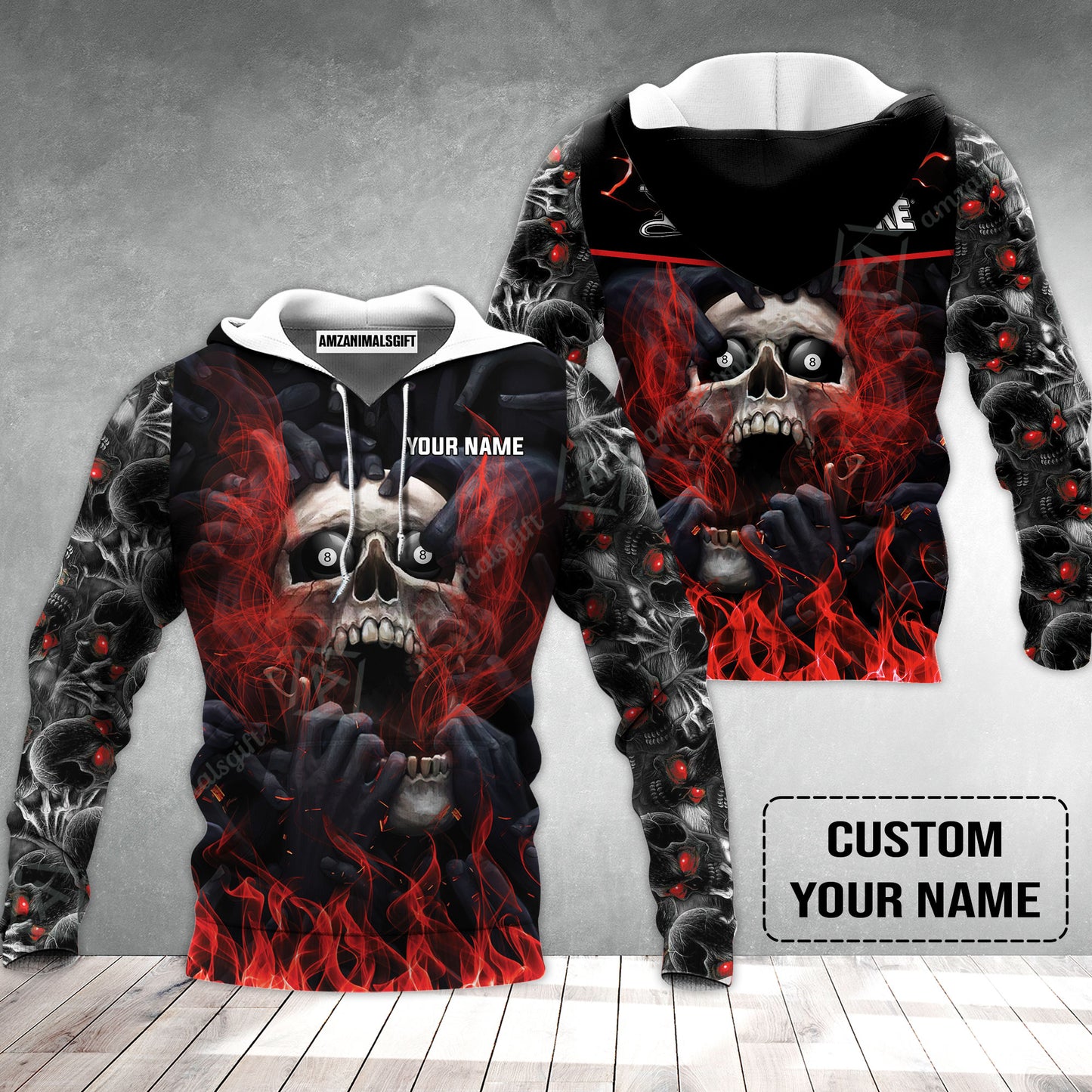 Custom Billiard Hoodie - Dead Stroke Pool 8 Ball Skull On Fire Personalized Name, Perfect Billiard Hoodie