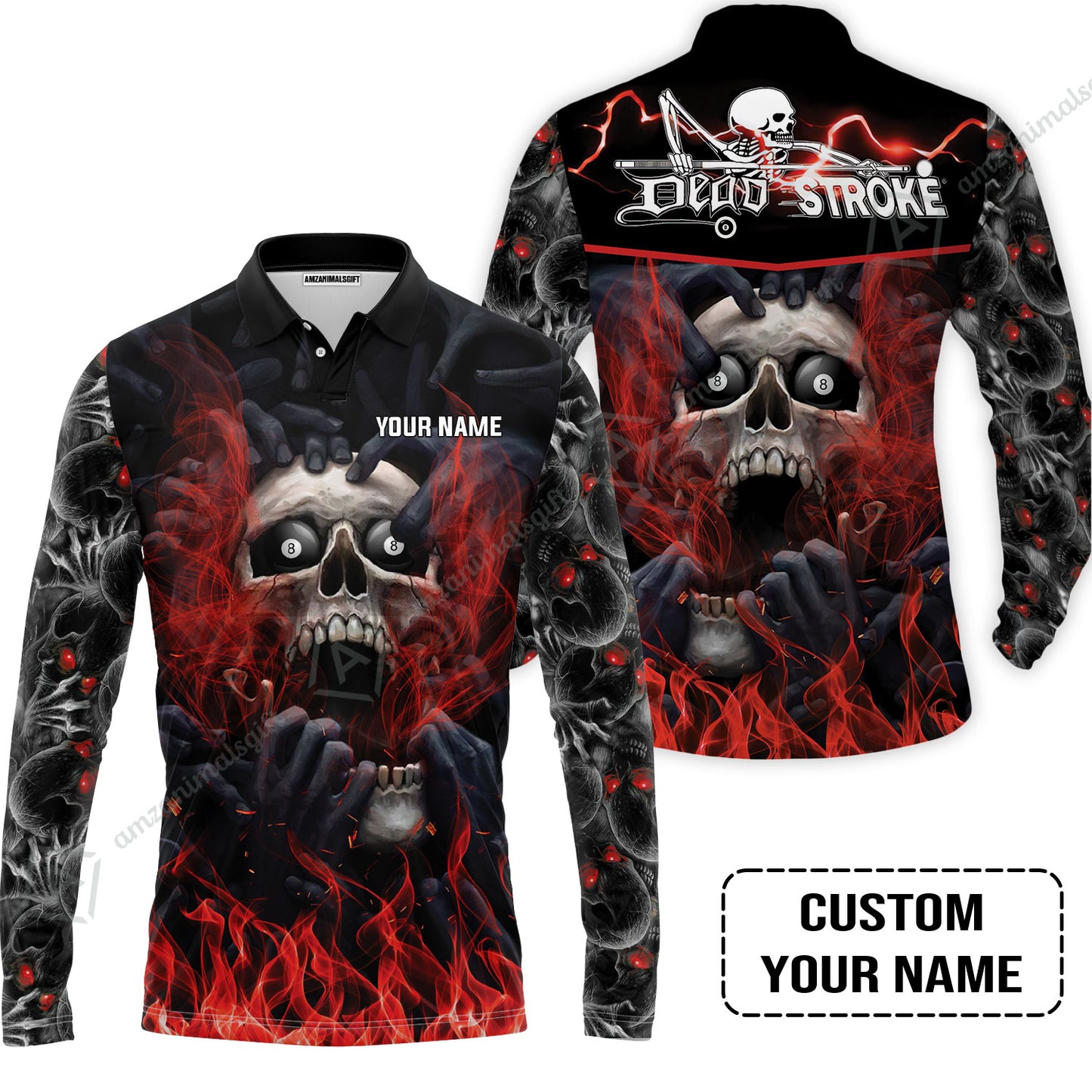 Custom Billiard Men Polo Shirt - Dead Stroke Pool 8 Ball Skull On Fire Personalized Name, Perfect Billiard Polo Shirt