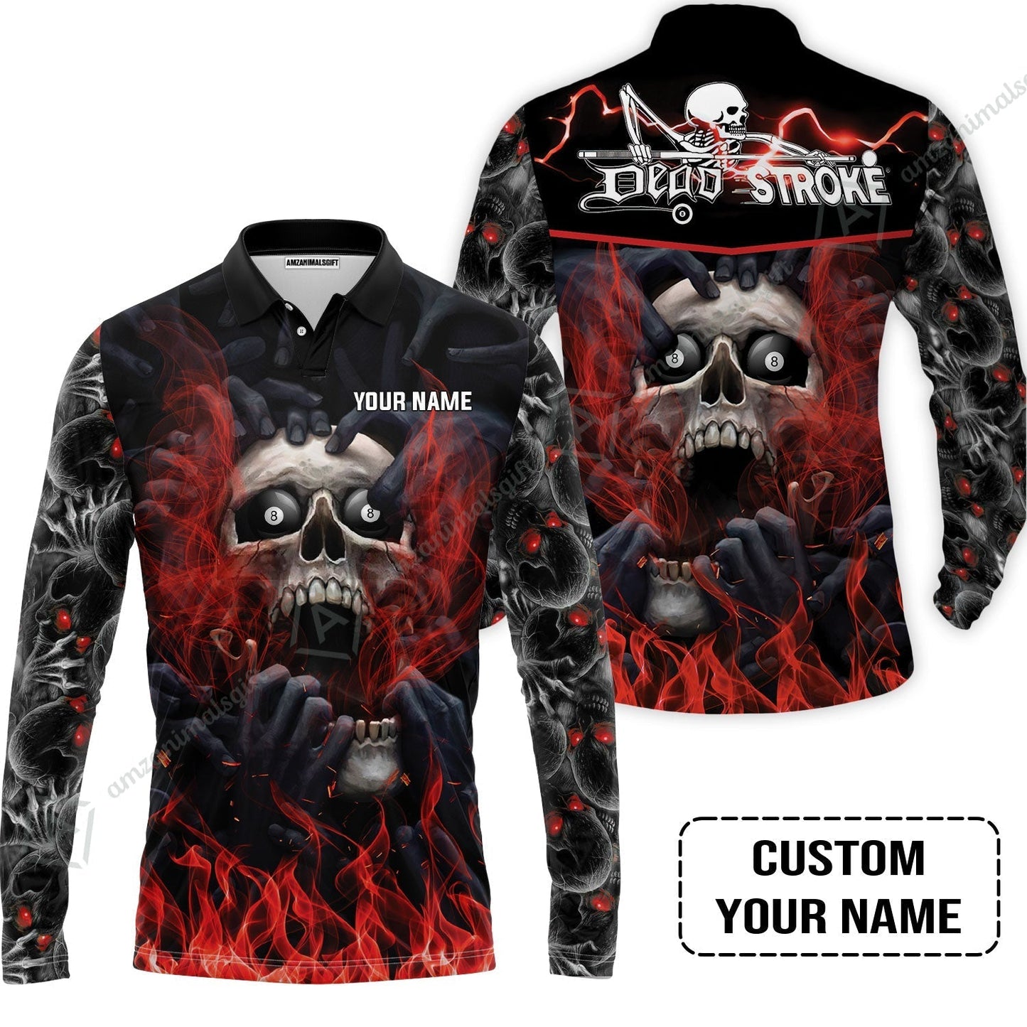 Custom Billiard Women Polo Shirt - Dead Stroke Pool 8 Ball Skull On Fire Personalized Name, Perfect Billiard Women Polo Shirt
