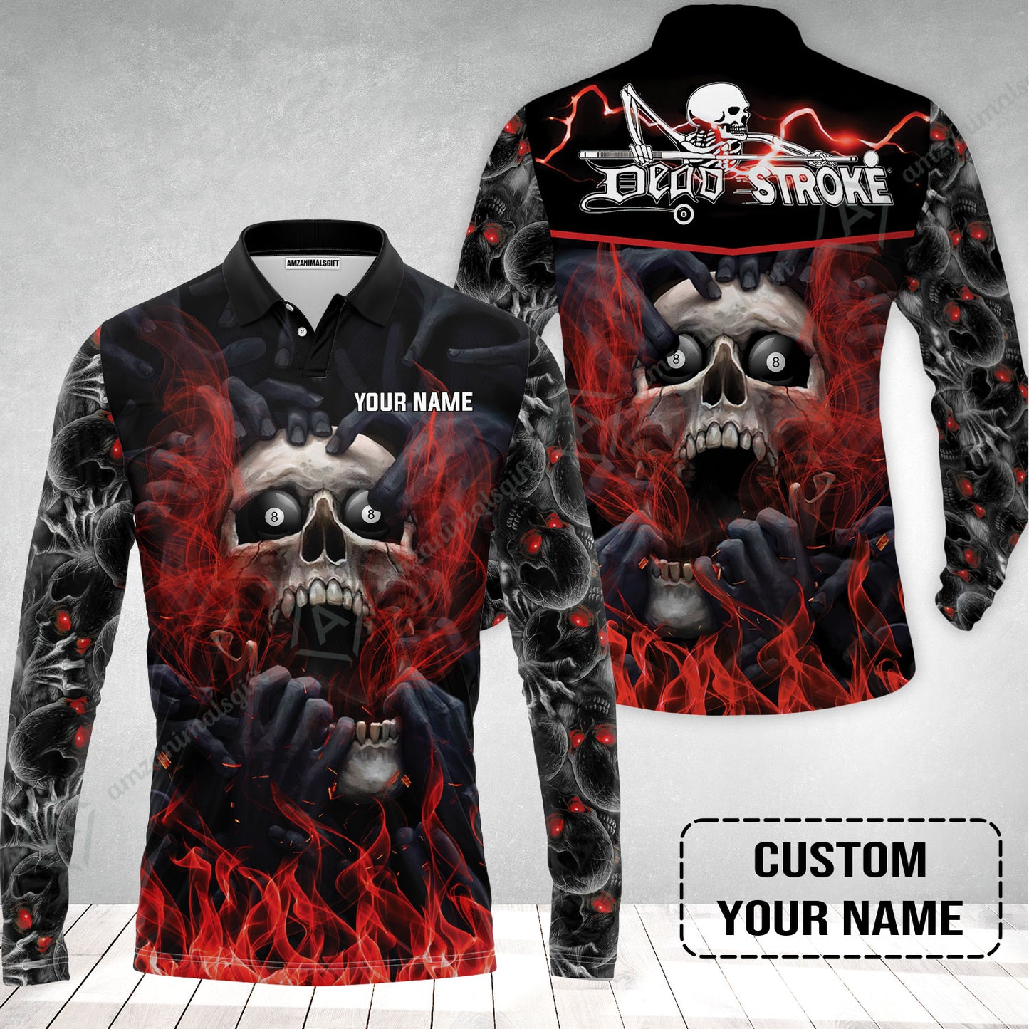 Custom Billiard Long Polo Shirt - Dead Stroke Pool 8 Ball Skull On Fire Personalized Name, Perfect Billiard Long Polo Shirt