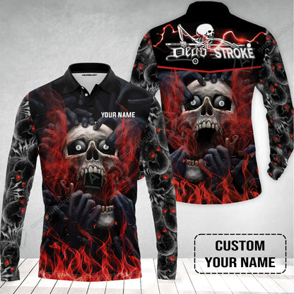 Custom Billiard Long Polo Shirt - Dead Stroke Pool 8 Ball Skull On Fire Personalized Name, Perfect Billiard Long Polo Shirt