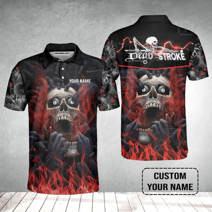 Custom Billiard Men Polo Shirt - Dead Stroke Pool 8 Ball Skull On Fire Personalized Name, Perfect Billiard Polo Shirt