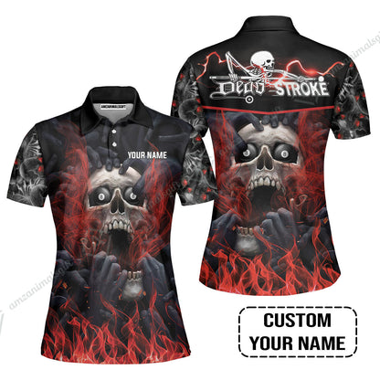Custom Billiard Long Polo Shirt - Dead Stroke Pool 8 Ball Skull On Fire Personalized Name, Perfect Billiard Long Polo Shirt
