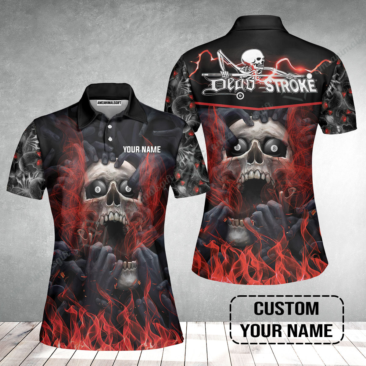 Custom Billiard Women Polo Shirt - Dead Stroke Pool 8 Ball Skull On Fire Personalized Name, Perfect Billiard Women Polo Shirt