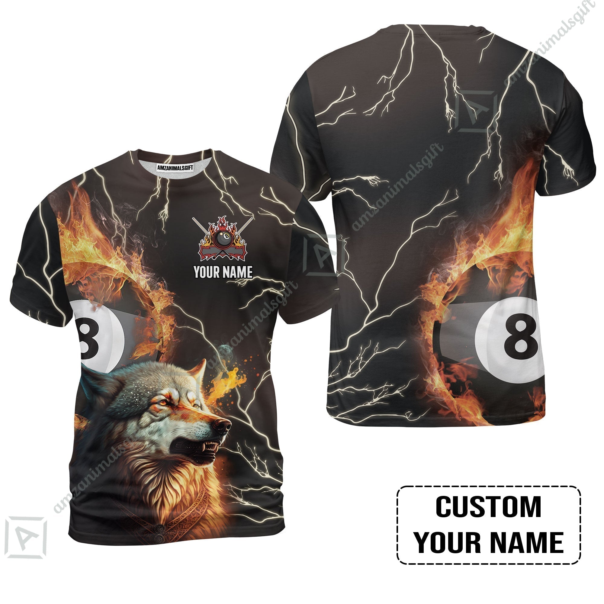 Custom Billiard T-Shirt - Wolf On Fire Billiard Pool 8 Balls Personalized Name, Perfect Billiard T-Shirt