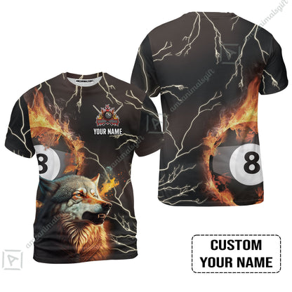Custom Billiard Men Long Polo Shirt - Wolf On Fire Billiard Pool 8 Balls Personalized Name, Perfect Billiard Long Polo Shirt