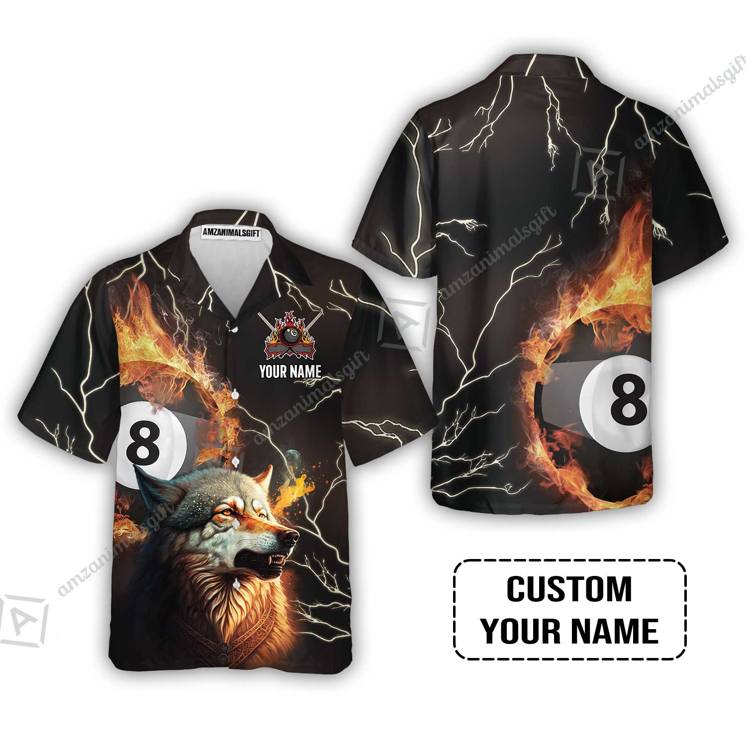 Custom Billiard Hawaiian Shirt - Wolf On Fire Billiard Pool 8 Balls Personalized Name, Perfect Billiard Hawaiian Shirt